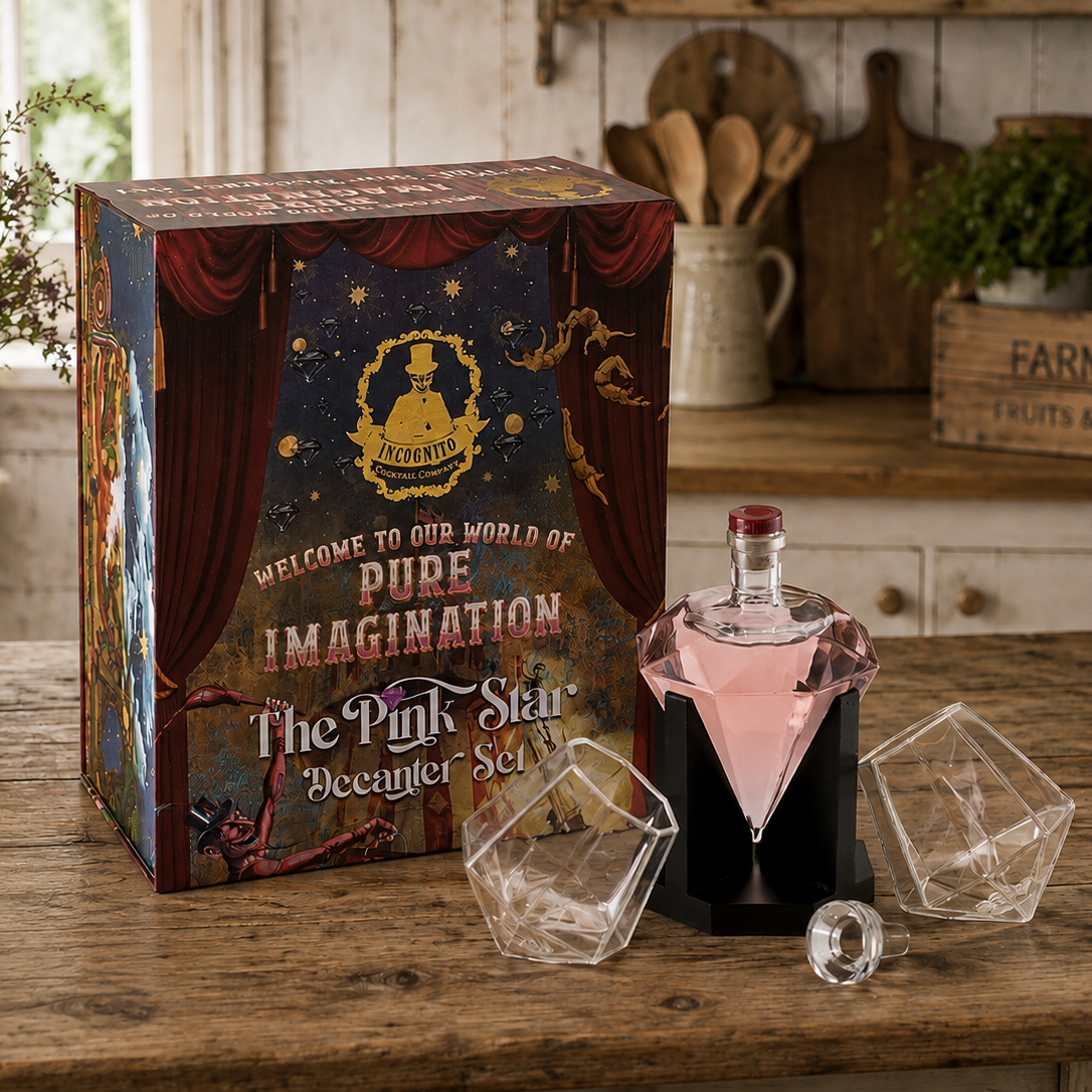 Incognito Pink Star luxury decanter gift set with diamond-shaped decanter and two diamond glasses, presented in a premium illustrated gift box.