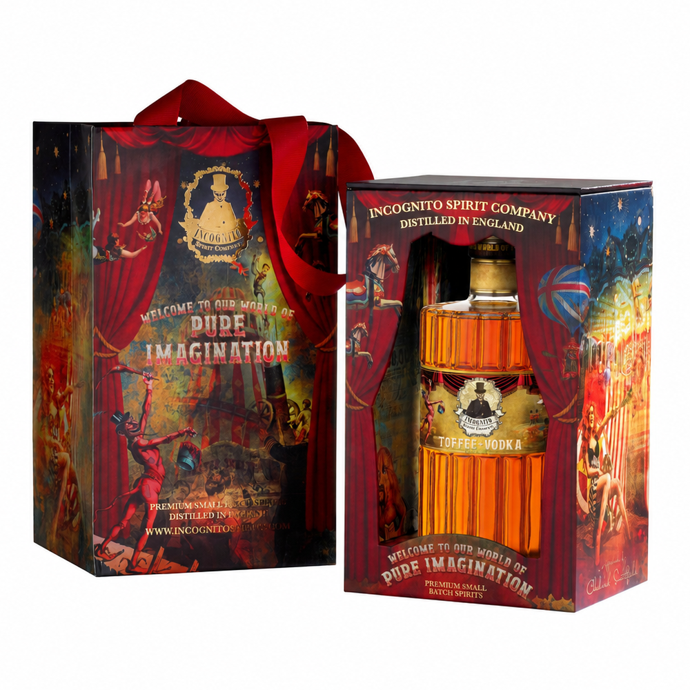 Incognito Toffee Vodka in a premium illustrated gift box with matching luxury Incognito gift bag, featuring the signature Pure Imagination design.