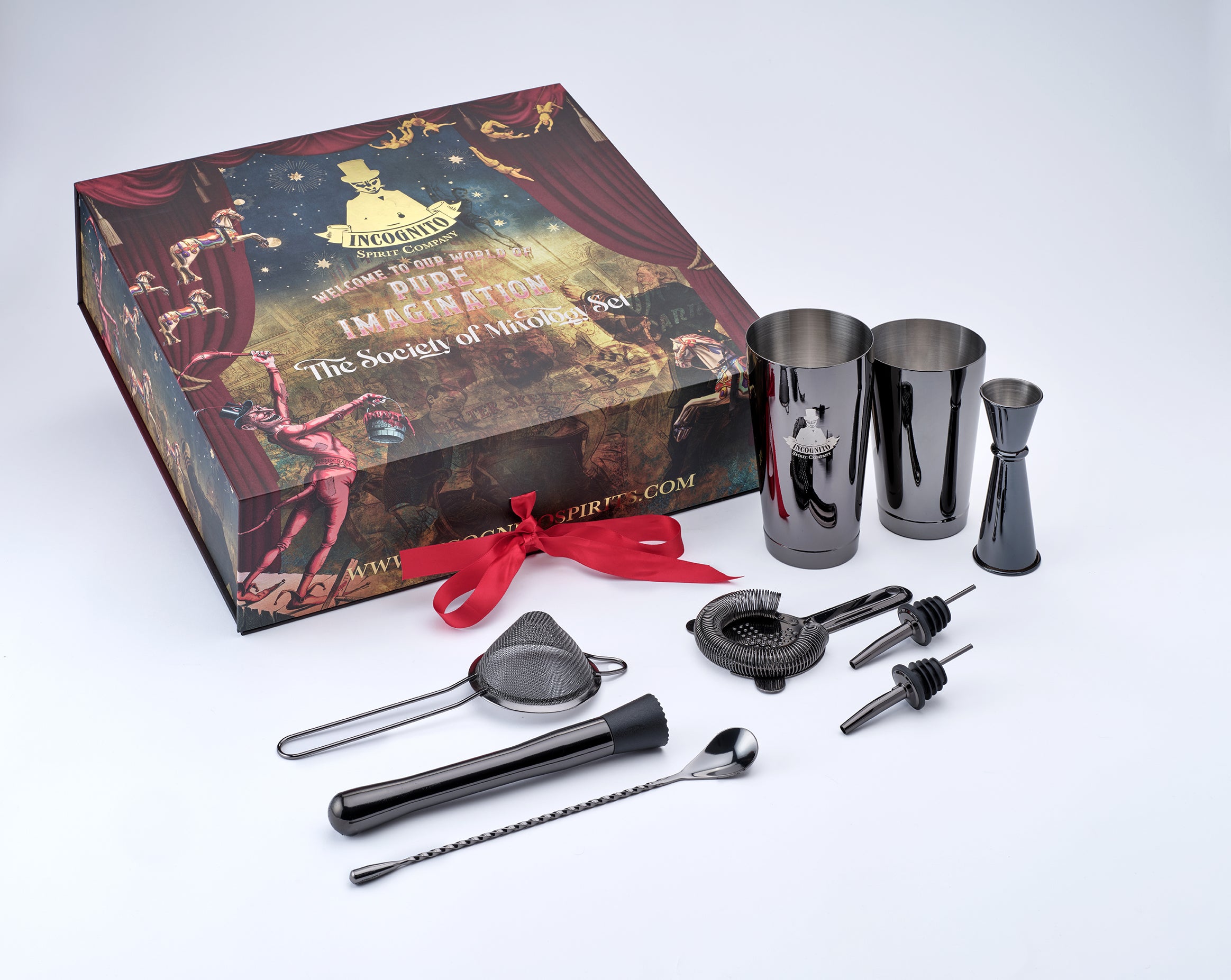 Incognito Society of Mixology luxury cocktail making kit with stainless steel shaker, strainer, jigger, bar spoon and cocktail accessories in a premium illustrated gift box with luxury gift bag