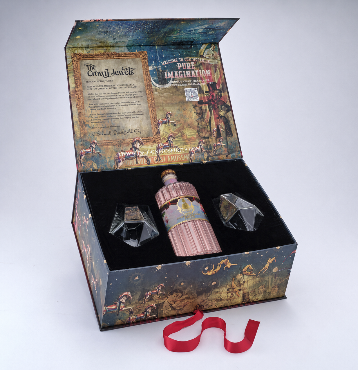 Incognito Spirits Crown Jewels luxury Pink Gin gift set with a bottle of Incognito Strawberry & Raspberry Gin and two diamond-cut glasses in a premium gift box and gift bag