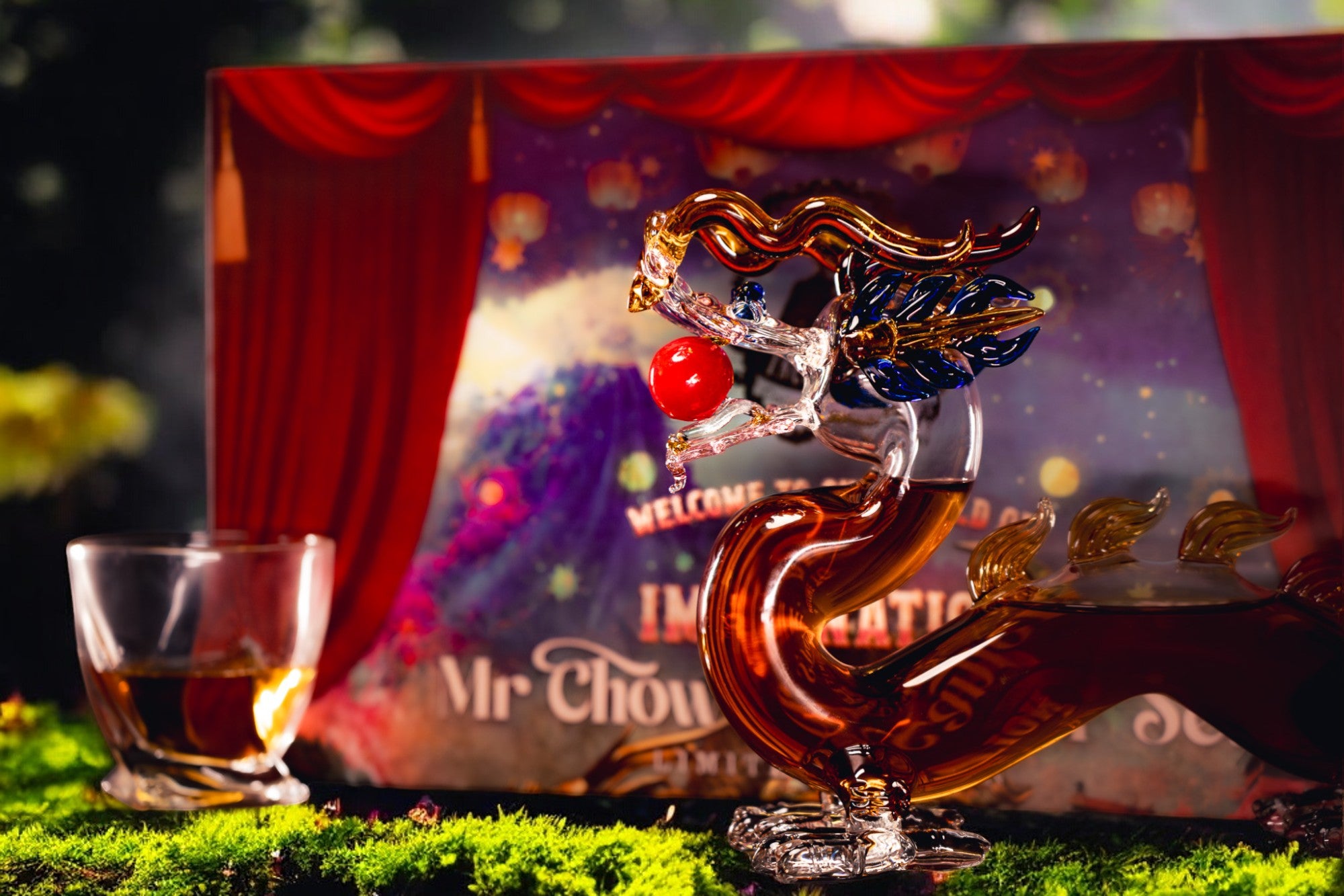 Incognito Spirits Mr Chow luxury spirit gift set with premium dragon decanter filled with vodka, gin or rum and paired with 2 cut glasses presented in a signature luxury gift box and gift bag