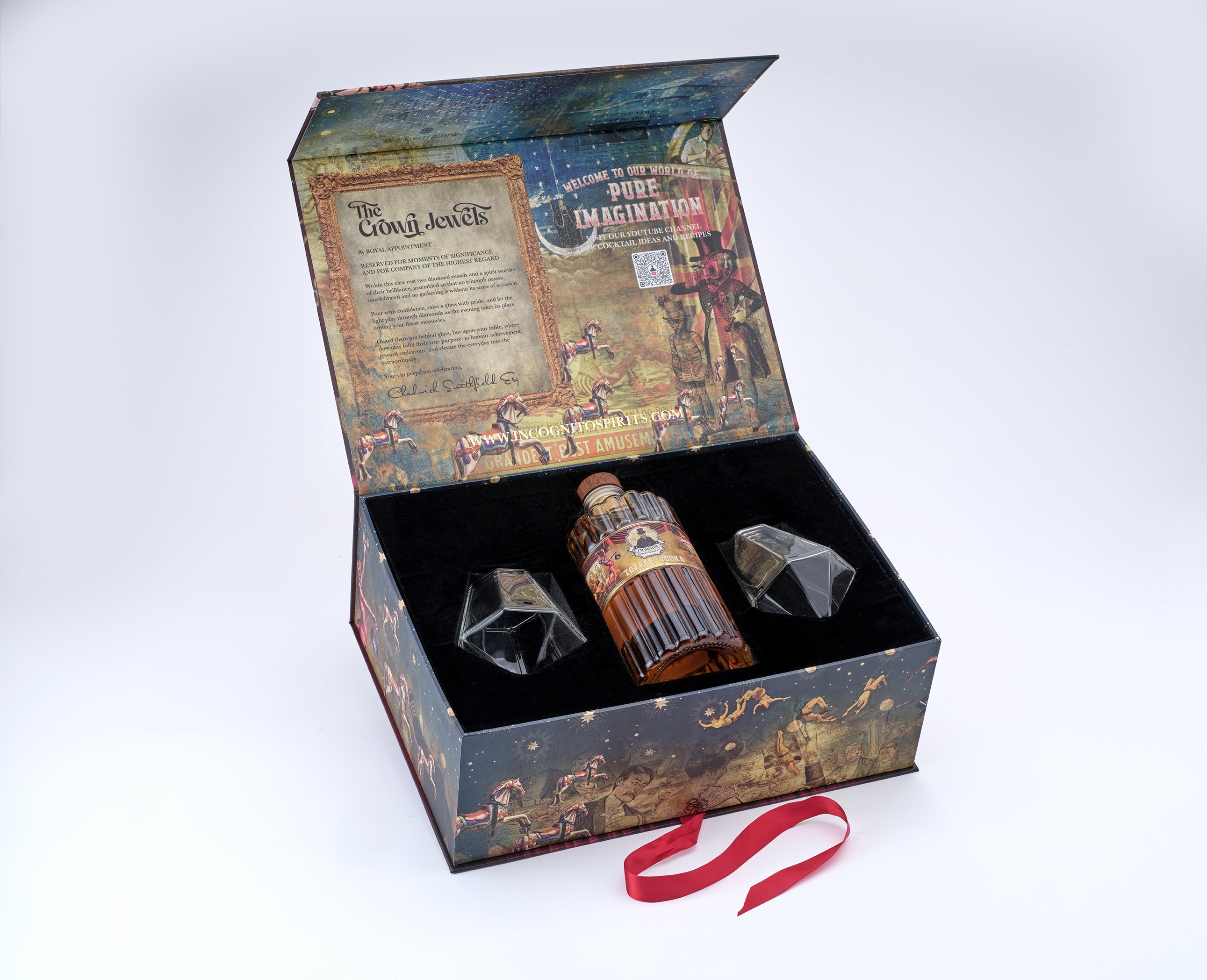 Incognito Spirits Crown Jewels luxury gift set with a bottle of Incognito Toffee Vodka and two diamond-cut glasses in a premium gift box and gift bag