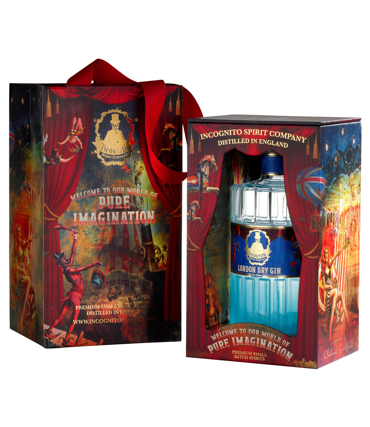 A collector's edition Incognito London Dry Gin bottle with a decorative packaging featuring theatrical motifs. The box is open with a red ribbon, and the bottle is displayed inside.