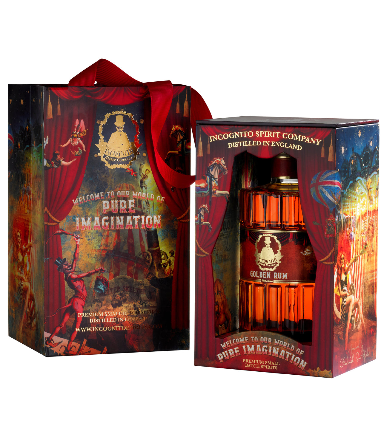 A collector's edition Incognito Golden Rum bottle, presented in a beautifully designed gift box with intricate, colorful artwork.
