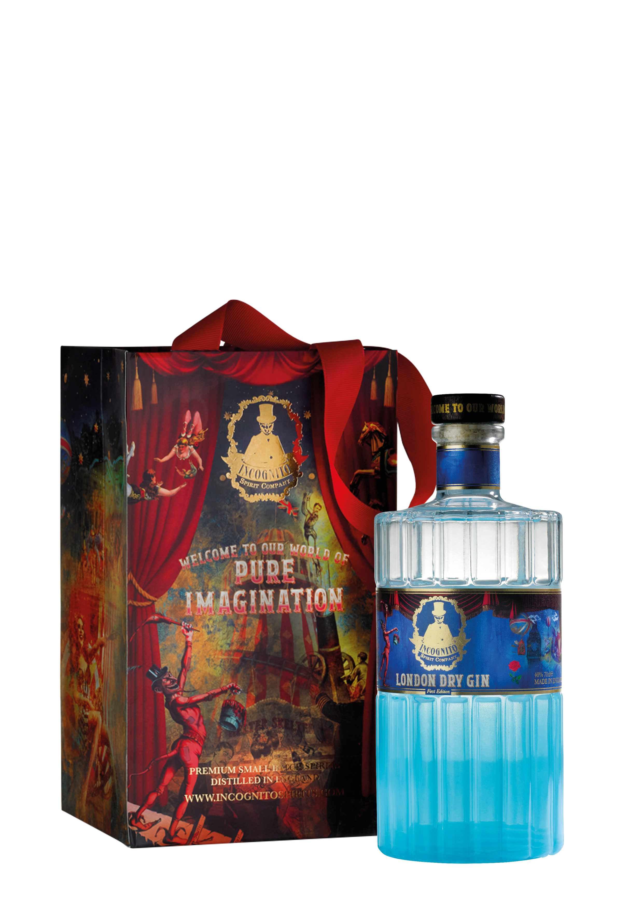 A bottle of London Dry Gin with a bright blue lower half and a dark label, standing next to its illustrated gift box with a red ribbon. The box features theatrical stage artwork with red curtains and the text 'Welcome to the world of Pure IMAGINATION'.