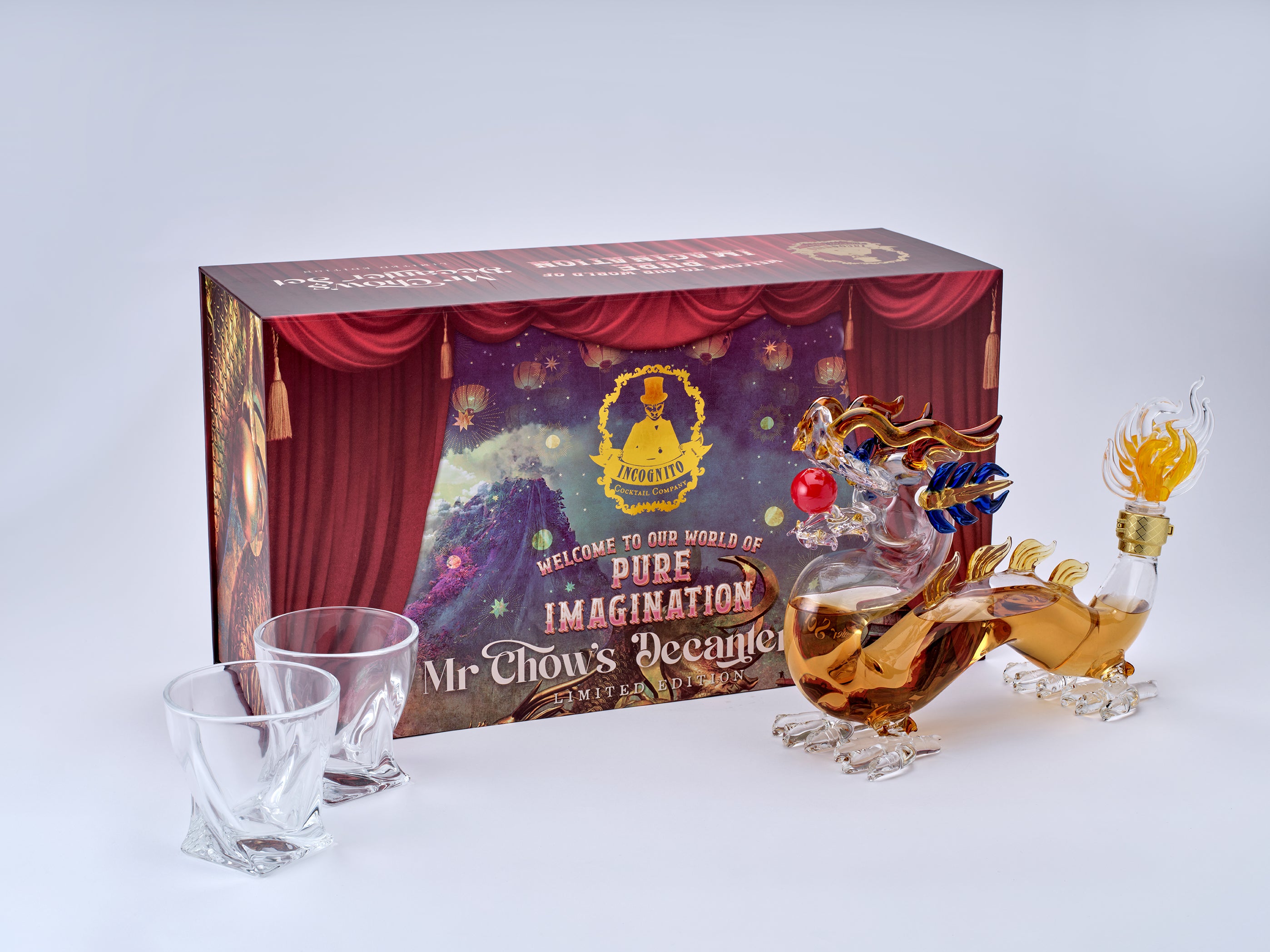Incognito Spirits Mr Chow luxury spirit gift set with premium dragon decanter filled with vodka, gin or rum and paired with 2 cut glasses presented in a signature luxury gift box and gift bag