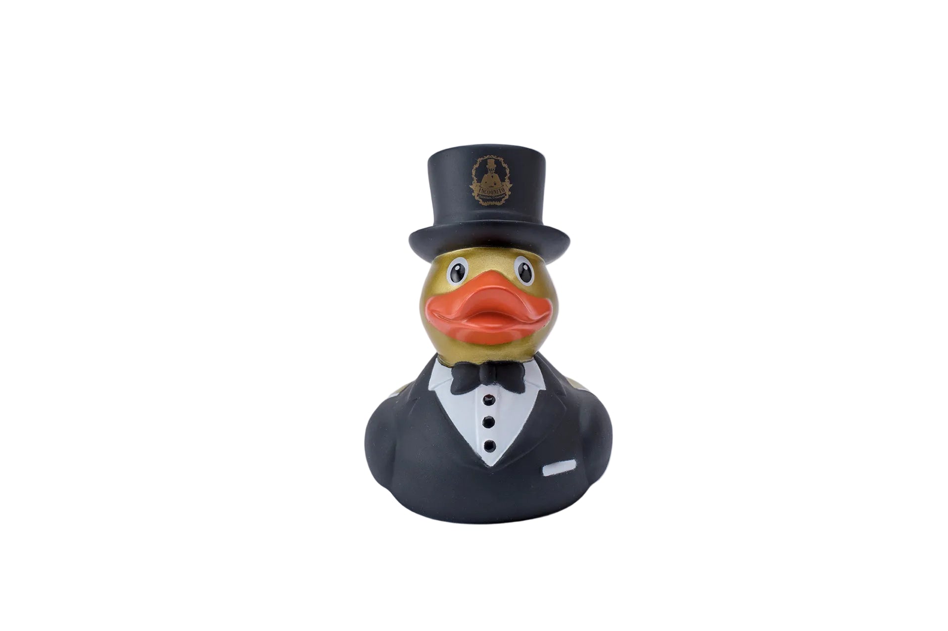 A rubber duck dressed in a black tuxedo and top hat, standing against a plain light gray background.