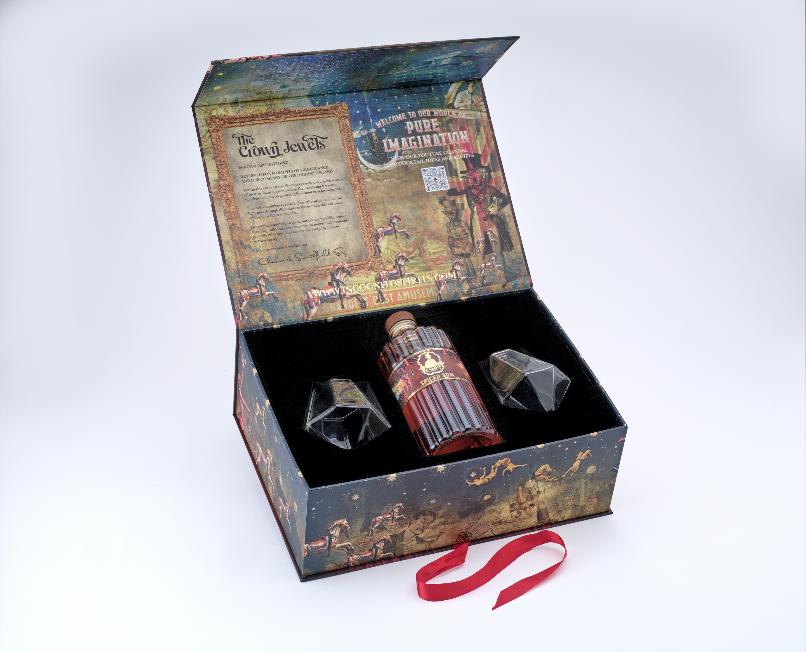 Incognito Spirits Crown Jewels luxury Spiced Rum gift set with a bottle of Incognito Spiced Rum and two diamond-cut glasses in a premium gift box and gift bag