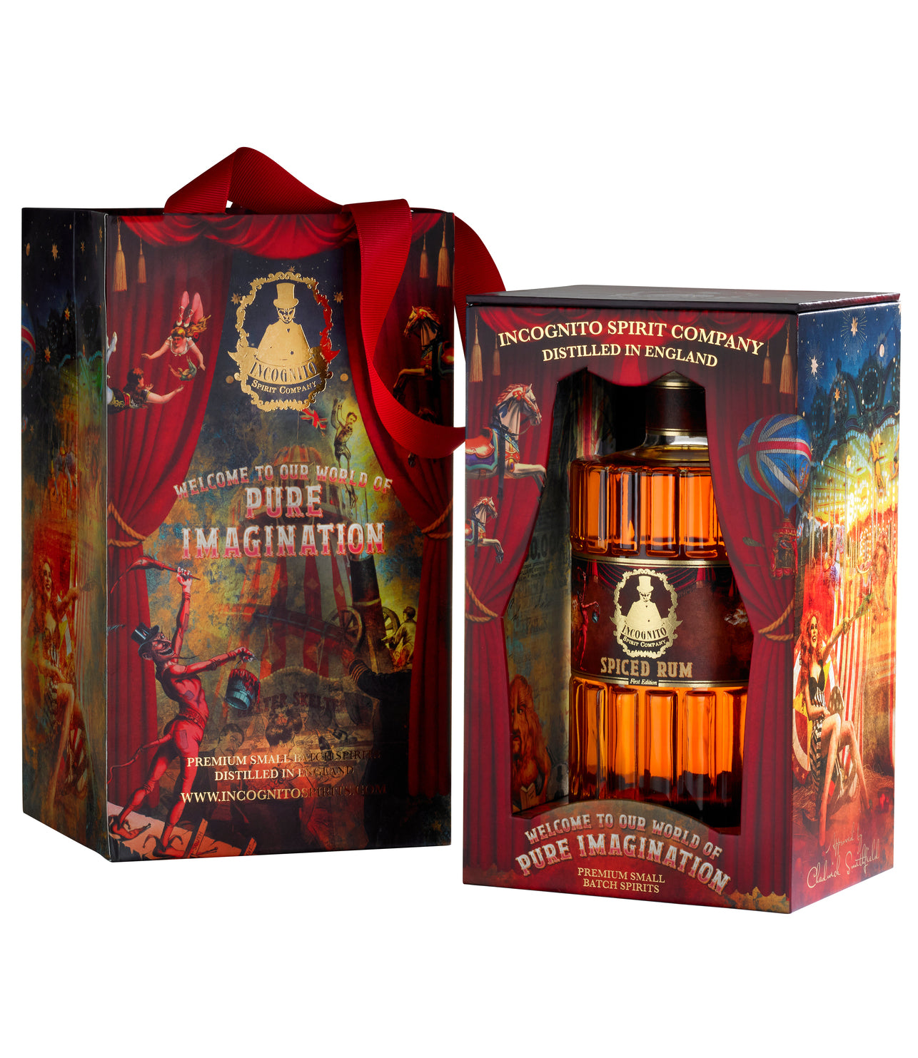 A collector's edition bottle of Incognito Spiced Rum with a decorative package featuring artwork. The bottle is clear with a golden amber liquid visible, and the package has a red ribbon.