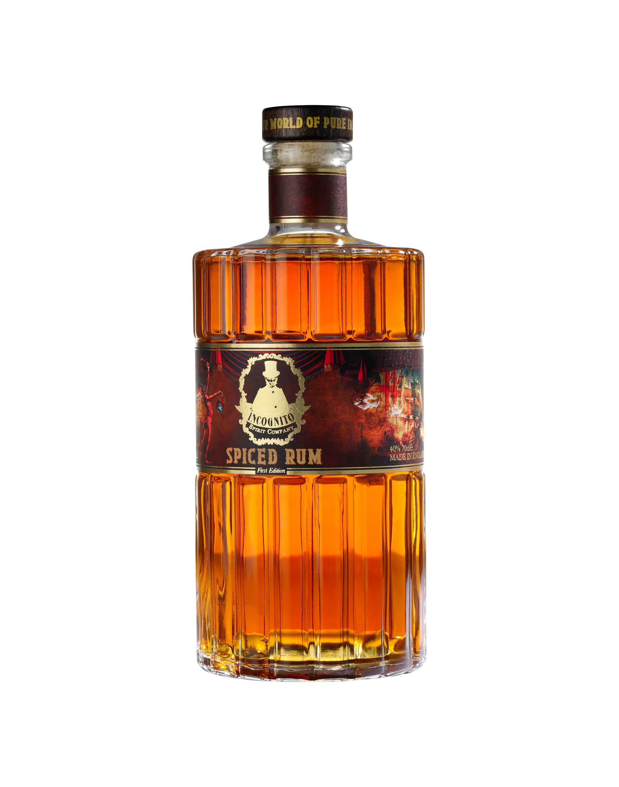 A bottle of Incognito Spiced Rum with a label featuring a skull and blood orange design, indicating a spirit with complex flavors.