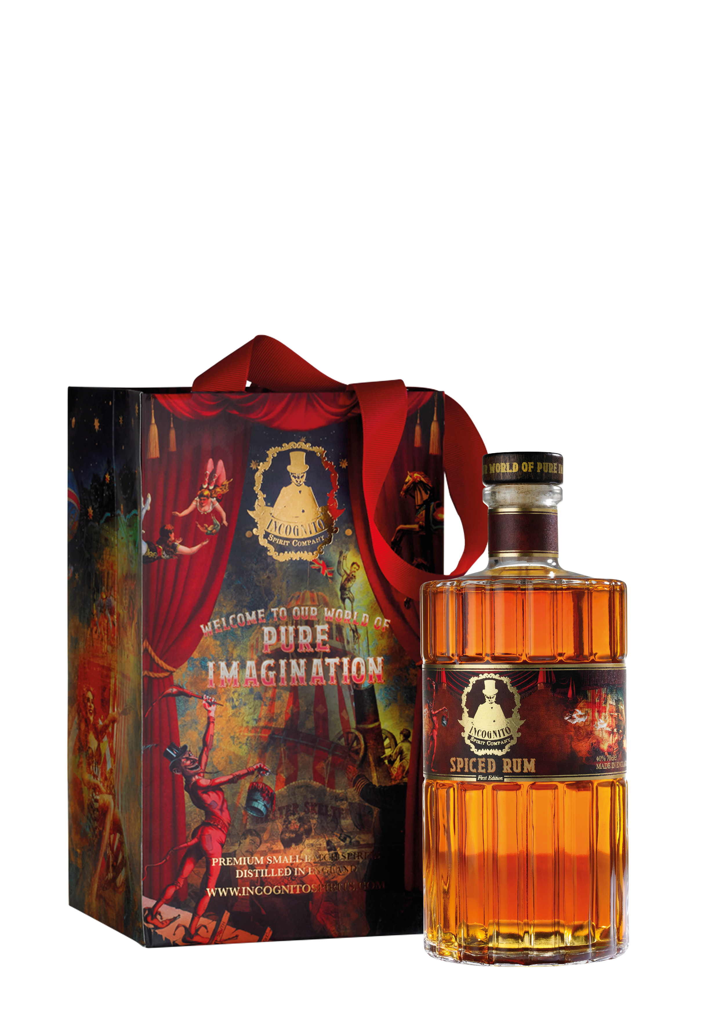 A bottle of Cooghey Pure Imagination Spiced Rum next to its illustrated gift box, featuring a red ribbon and theatrical circus-themed artwork on a white background.