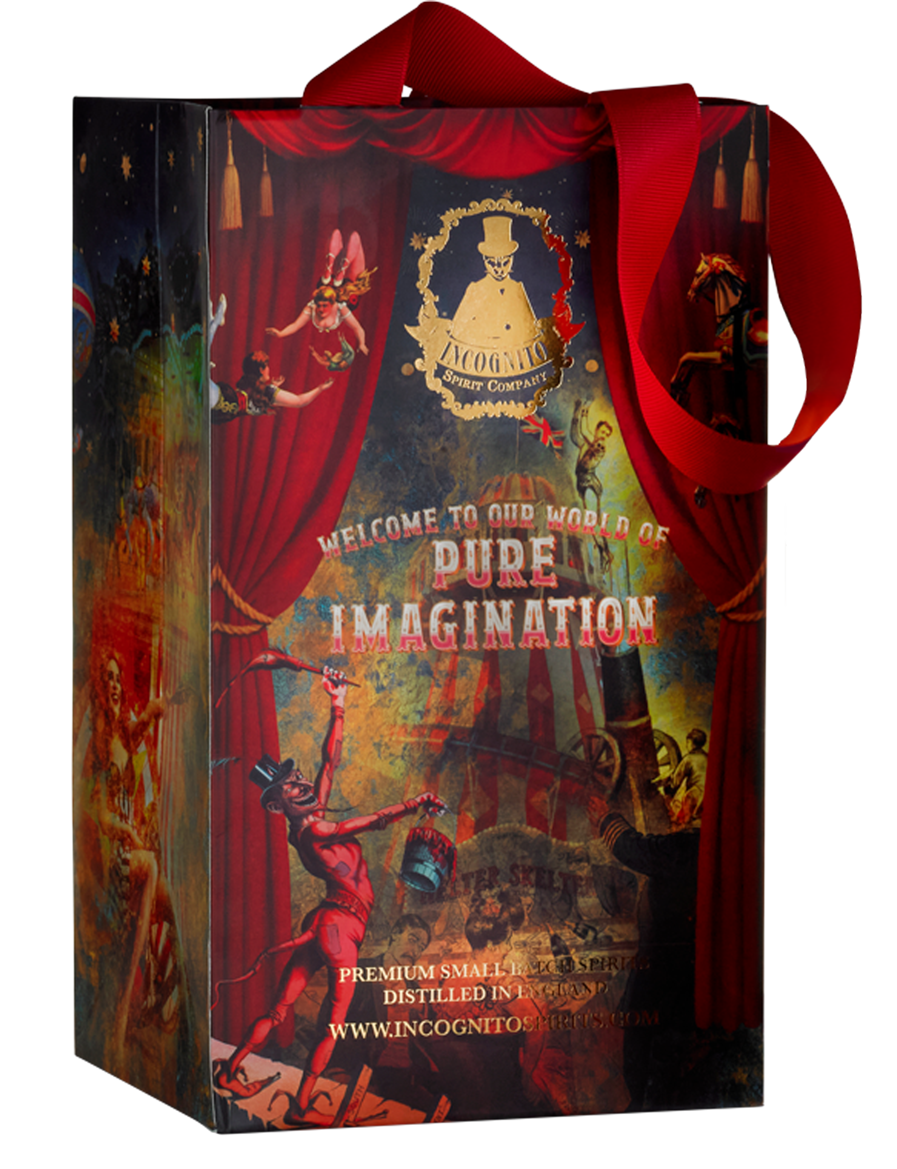 A tall rectangular gift box with red fabric handles, featuring theatrical circus-style artwork in red curtains, performers, and the text 'Welcome to Our World of Pure Imagination' and 'Coghlan's Pure Imagination'.
