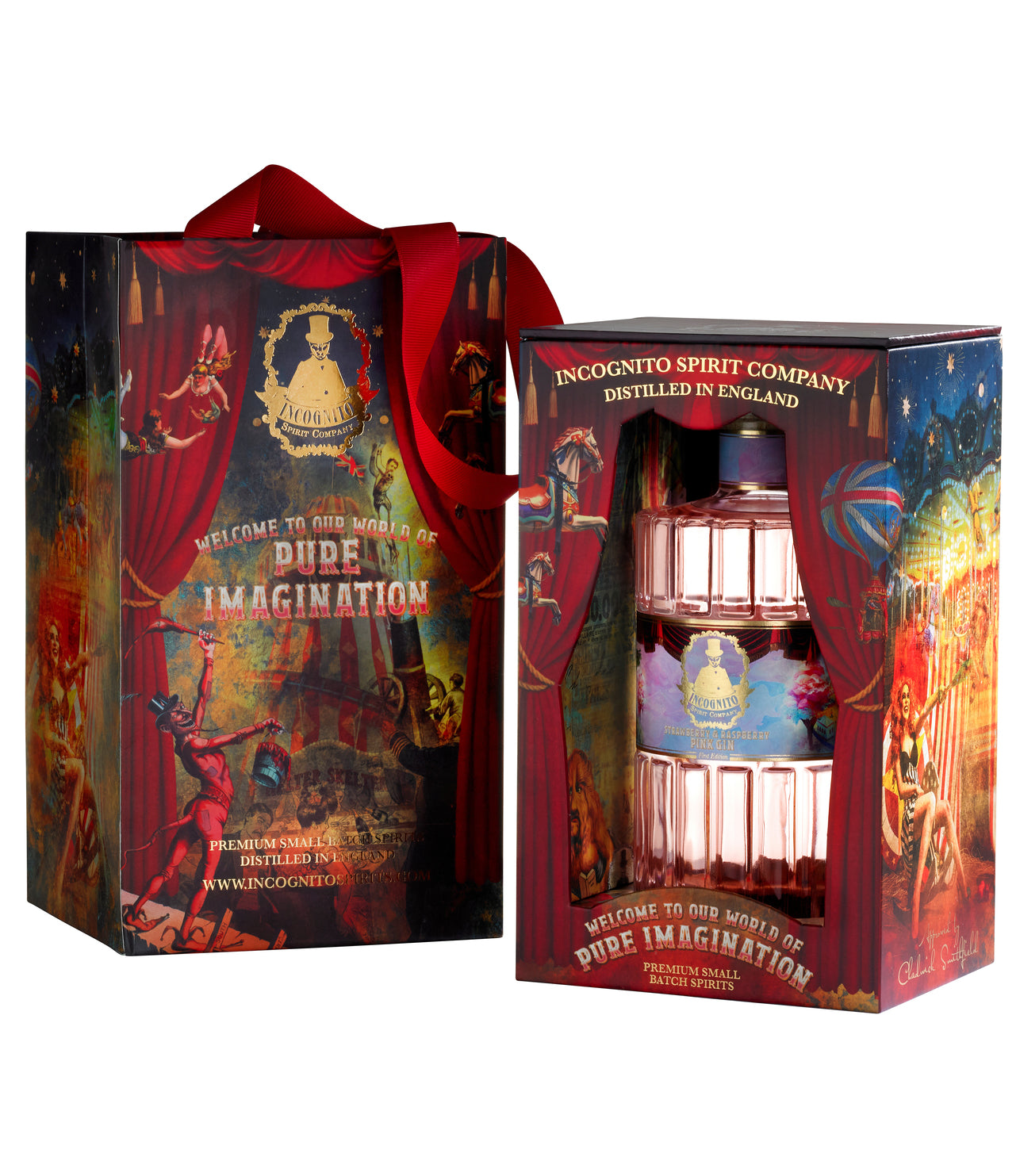A collector's edition Incognito Strawberry & Raspberry Pink Gin bottle, presented in a decorative gift box with a red ribbon and matching bag.