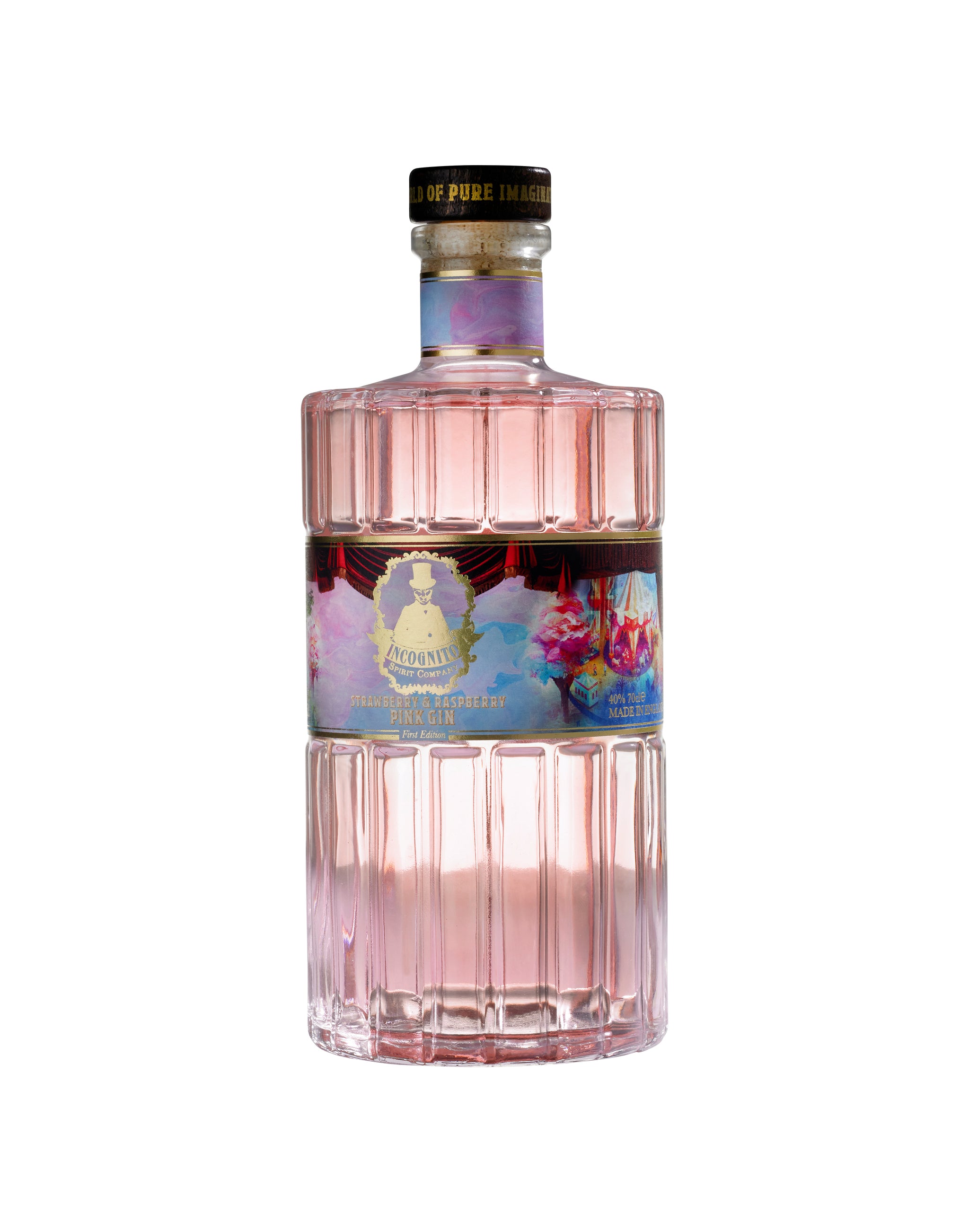 A bottle of Incognito Strawberry & Raspberry Pink Gin with a label featuring botanical illustrations and a pink tint to the glass.