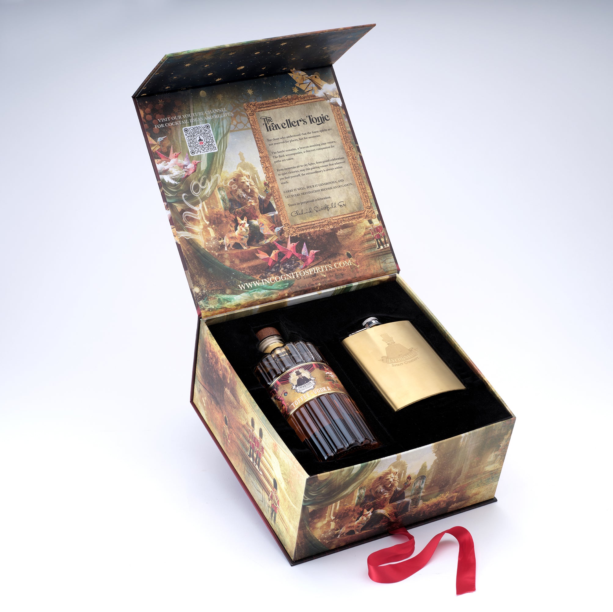 Incognito Traveller’s Tonic luxury Toffee Vodka gift set with bottle of Incognito Toffee Vodka and gold hip flask in a premium presentation box and gift bag.