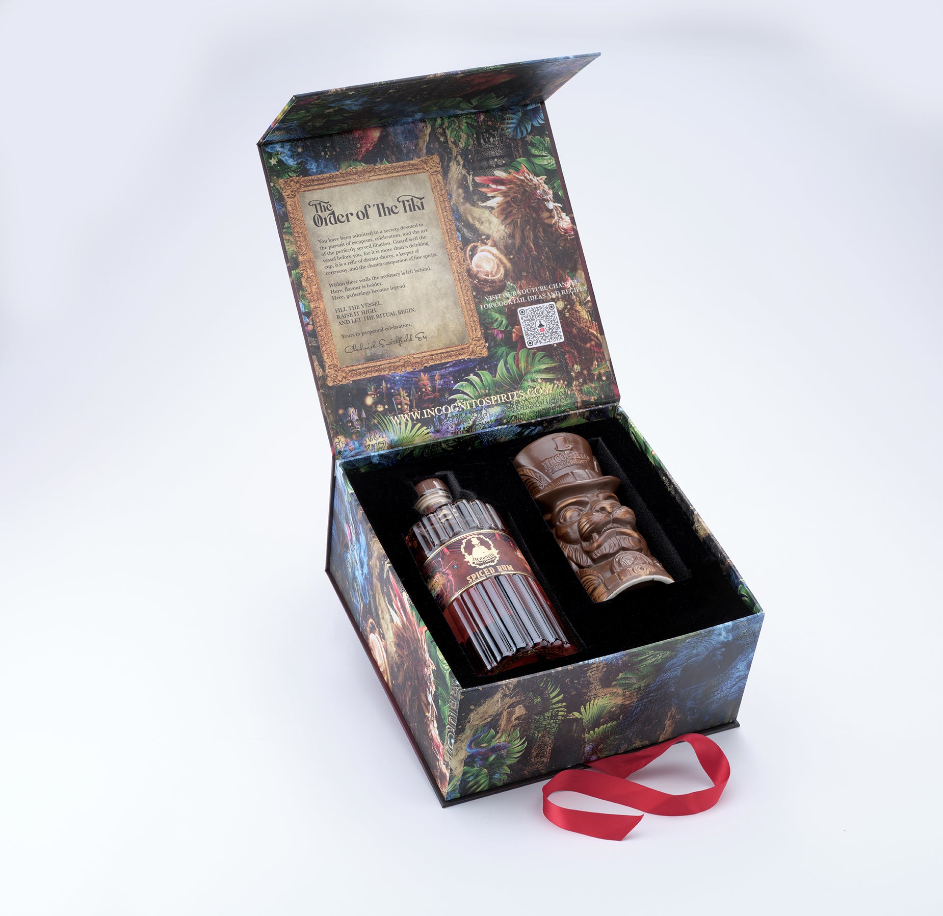 Incognito Order of the Tiki luxury gift set with Incognito Spiced Rum and collectible Tiki Mug, presented in a premium illustrated gift box and gift bag.