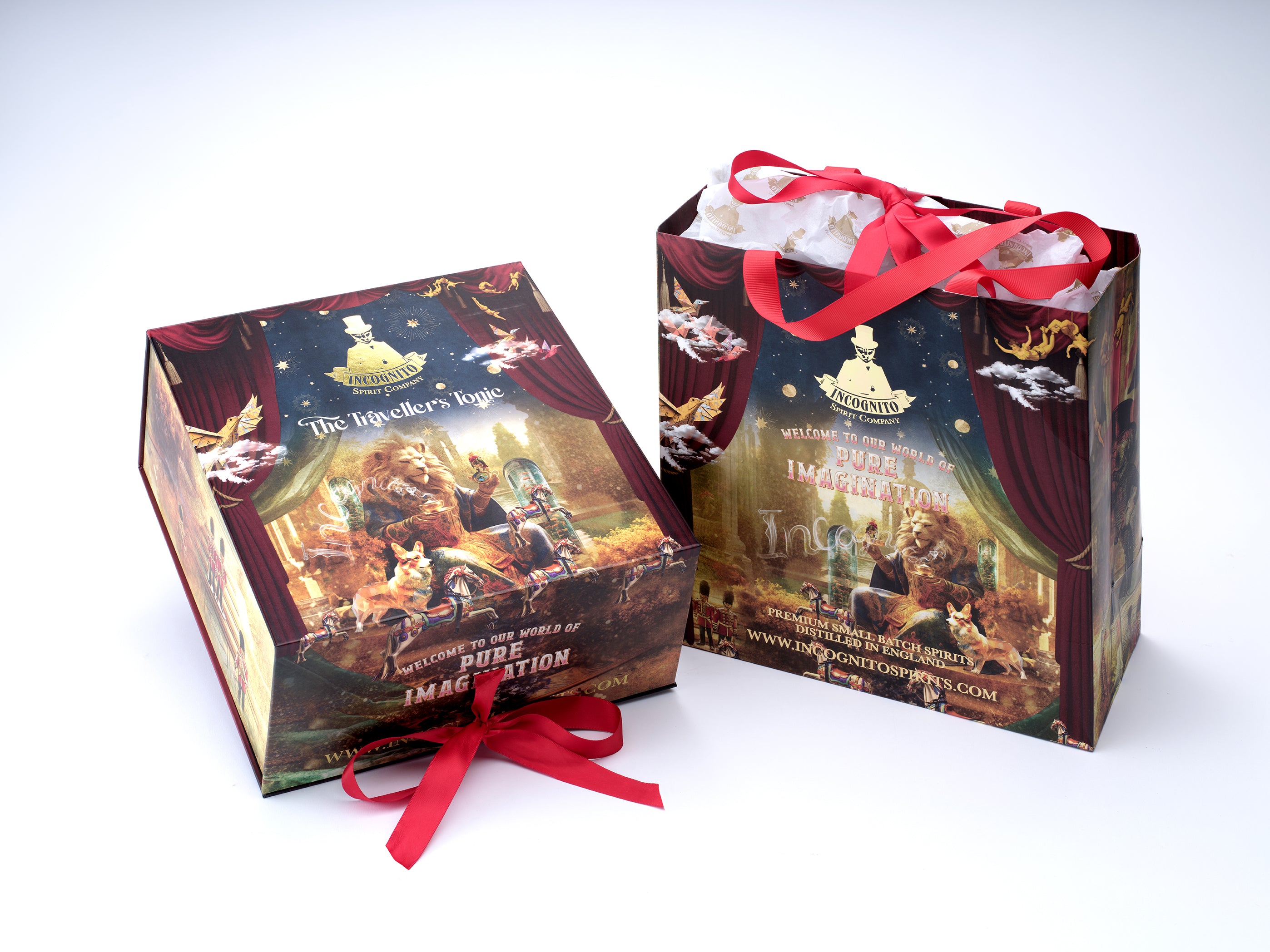 Luxury git box and gift bag with premium red ribbon ties