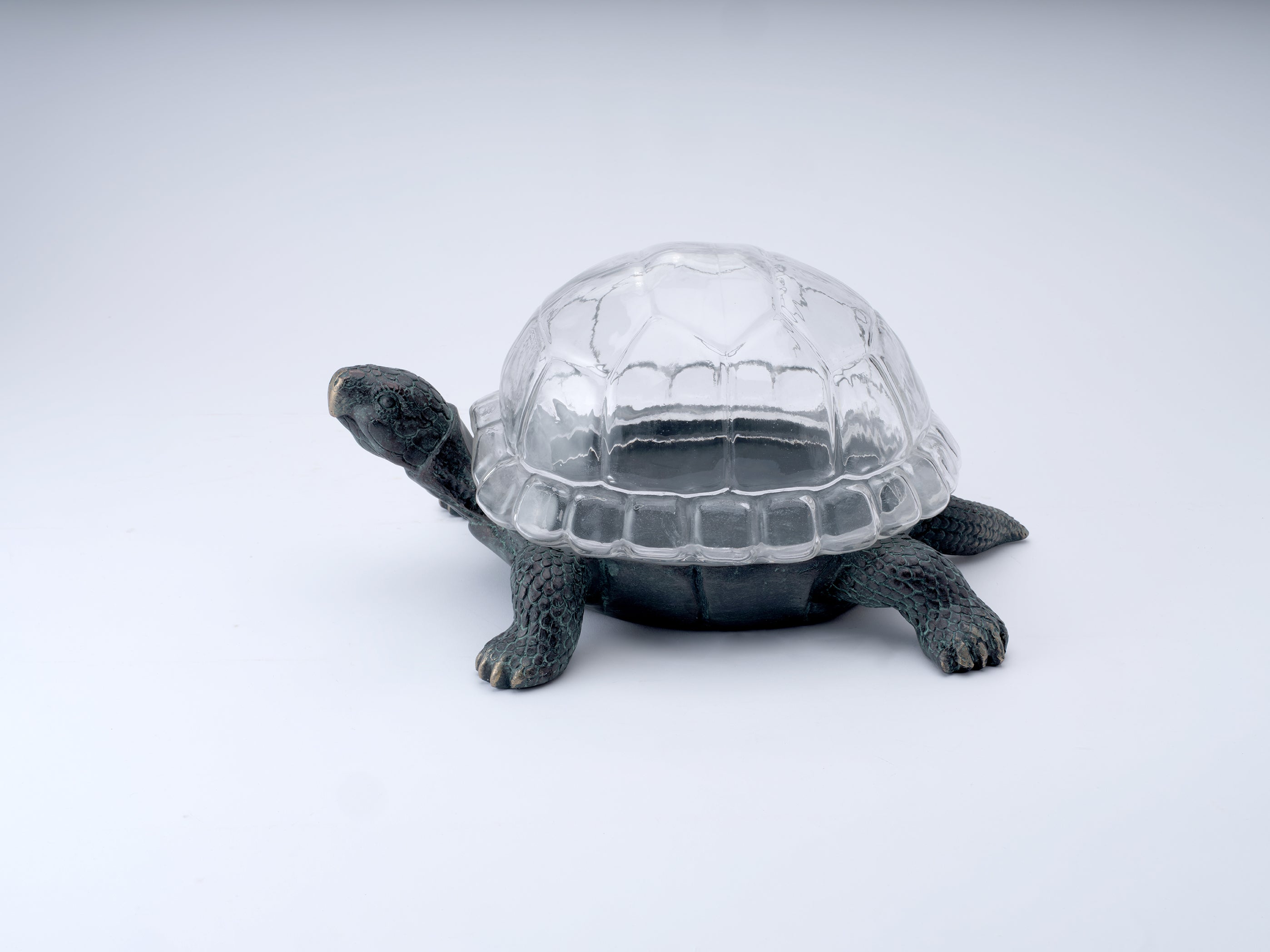 A small tortoise figurine with a textured dark gray body and a clear, patterned glass shell, set against a plain light gray background.