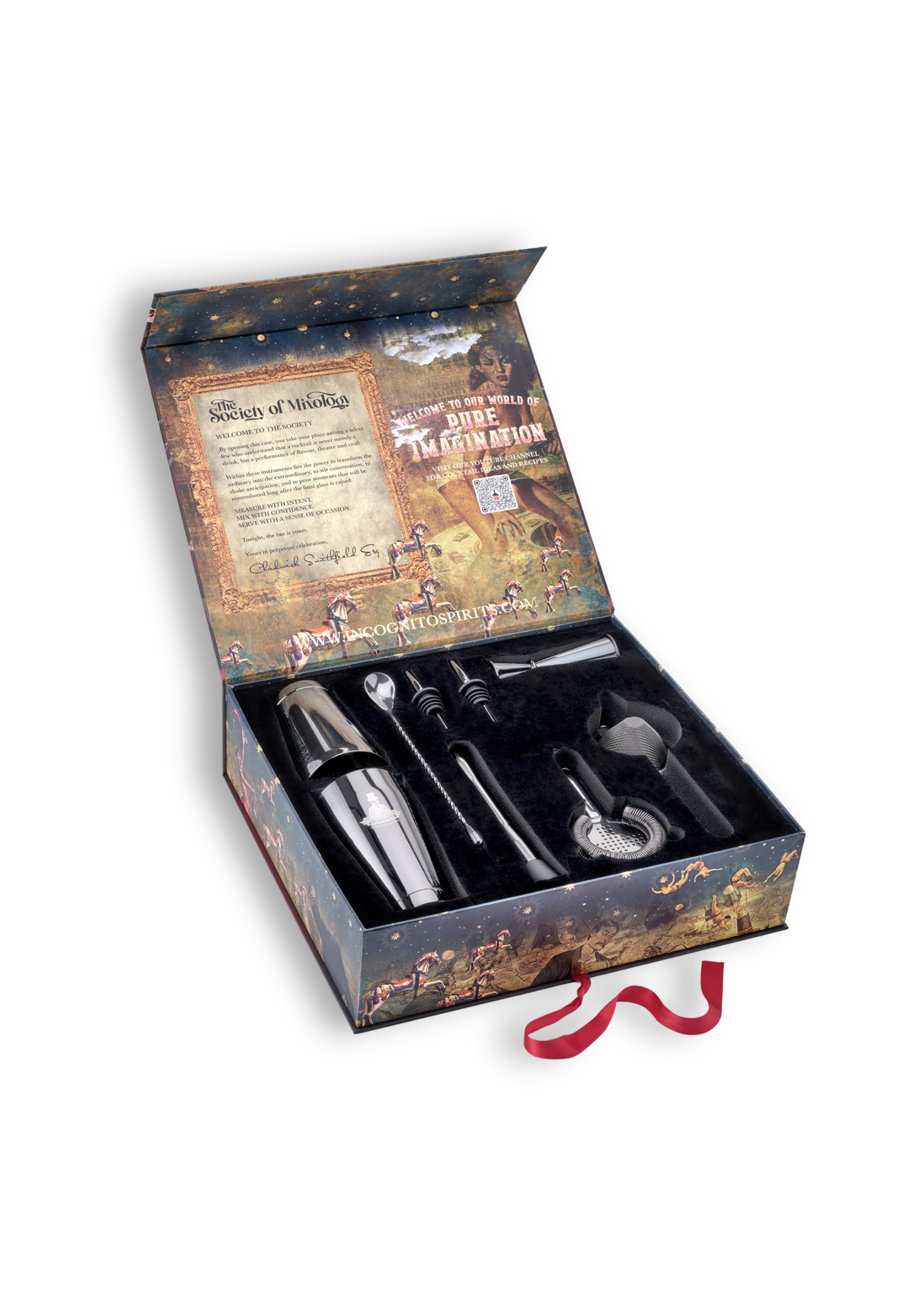 A boxed set of Viking-themed metal tools or accessories displayed inside an open decorative gift box. The set includes several silver-toned metal pieces arranged in a black insert, with printed packaging artwork and a red ribbon on a plain white background.