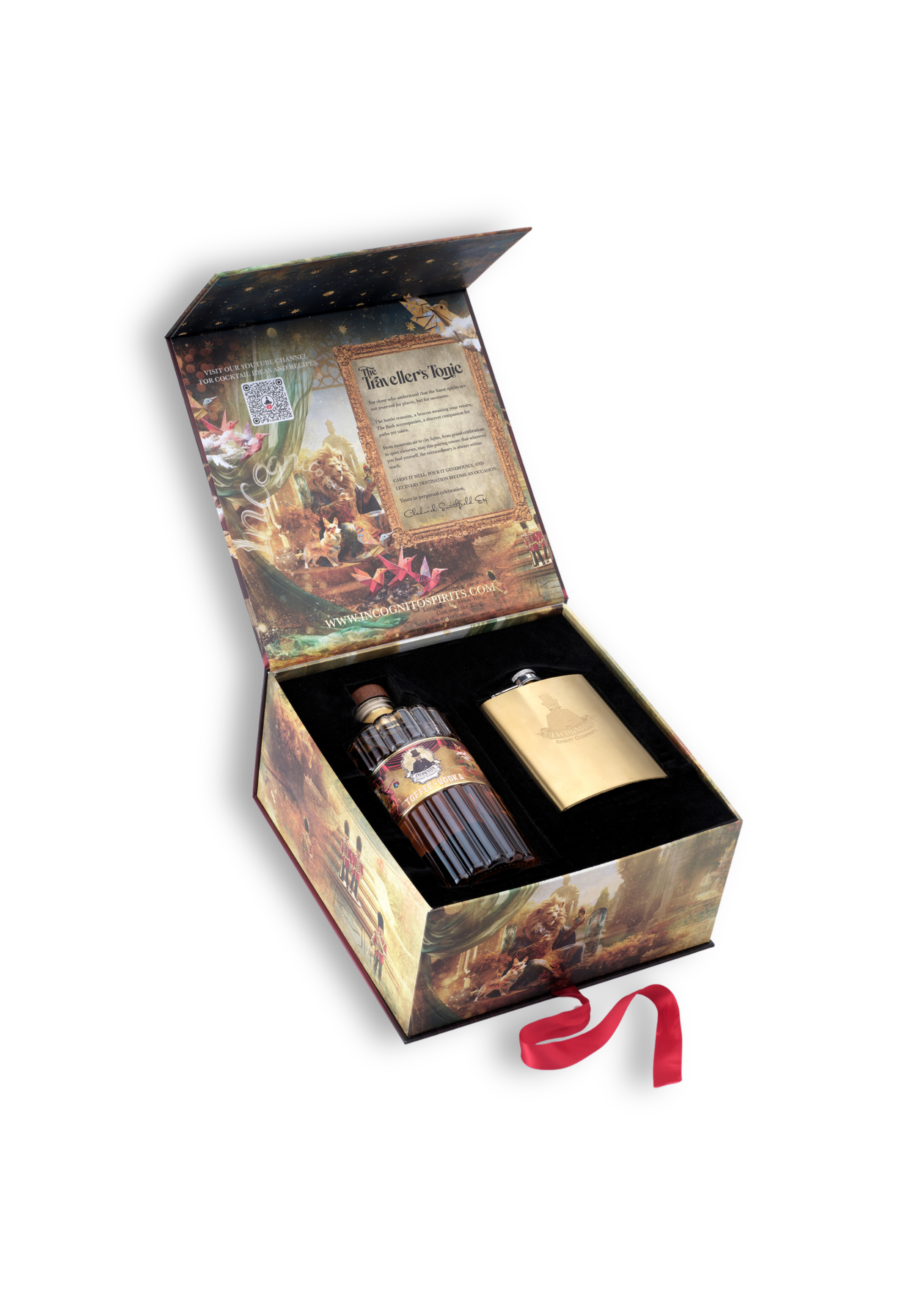 A boxed gift set displayed on a white background, featuring an open illustrated box with a bottle and a small metallic flask inside. A red ribbon is placed in front of the box.