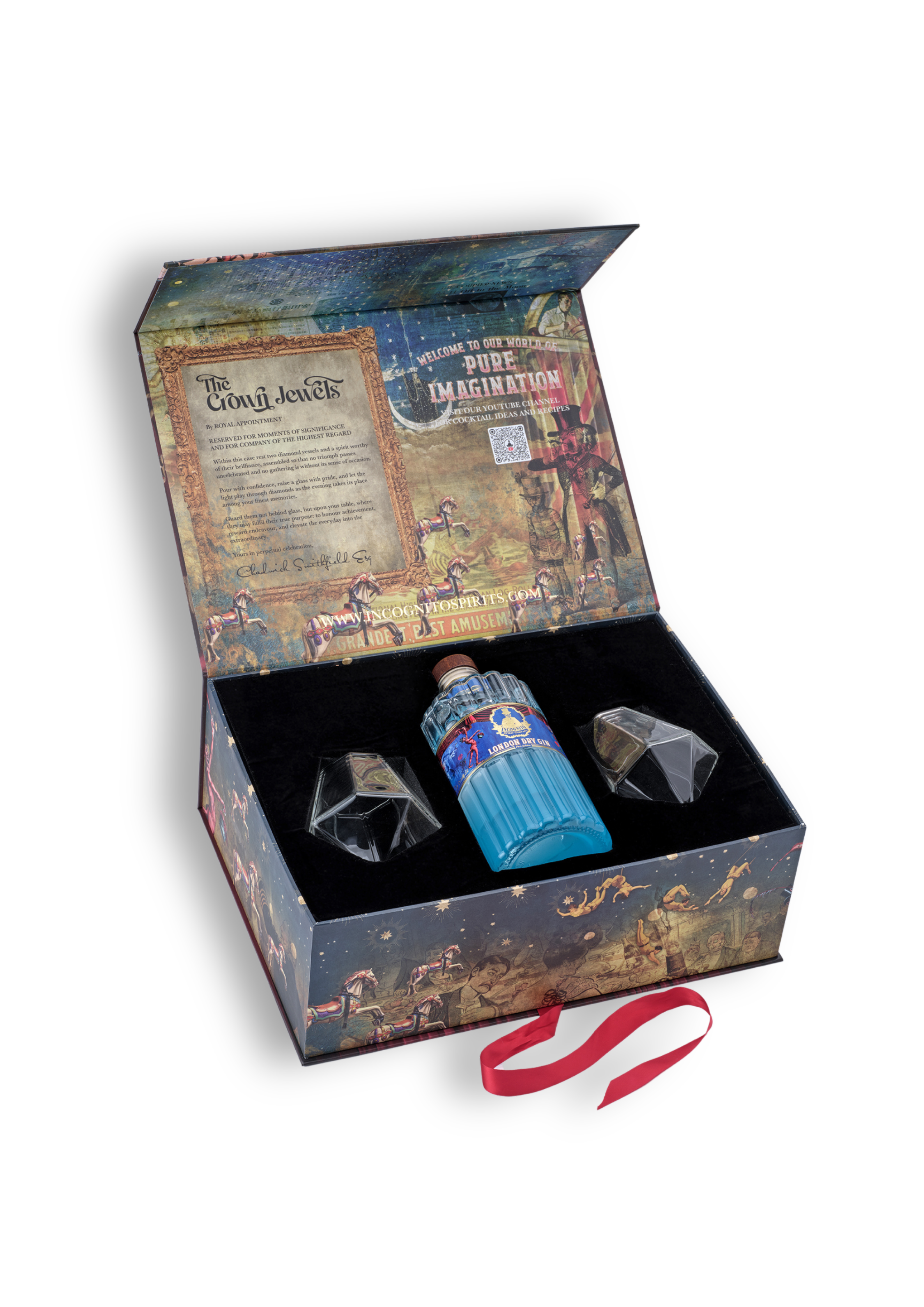 A themed gift box set featuring a blue bottle labeled 'The Crystal Cave' and 'Pure Imagination,' with two faceted crystal-like accessories inside a printed fantasy-themed box. A red ribbon is placed in front on a white background.