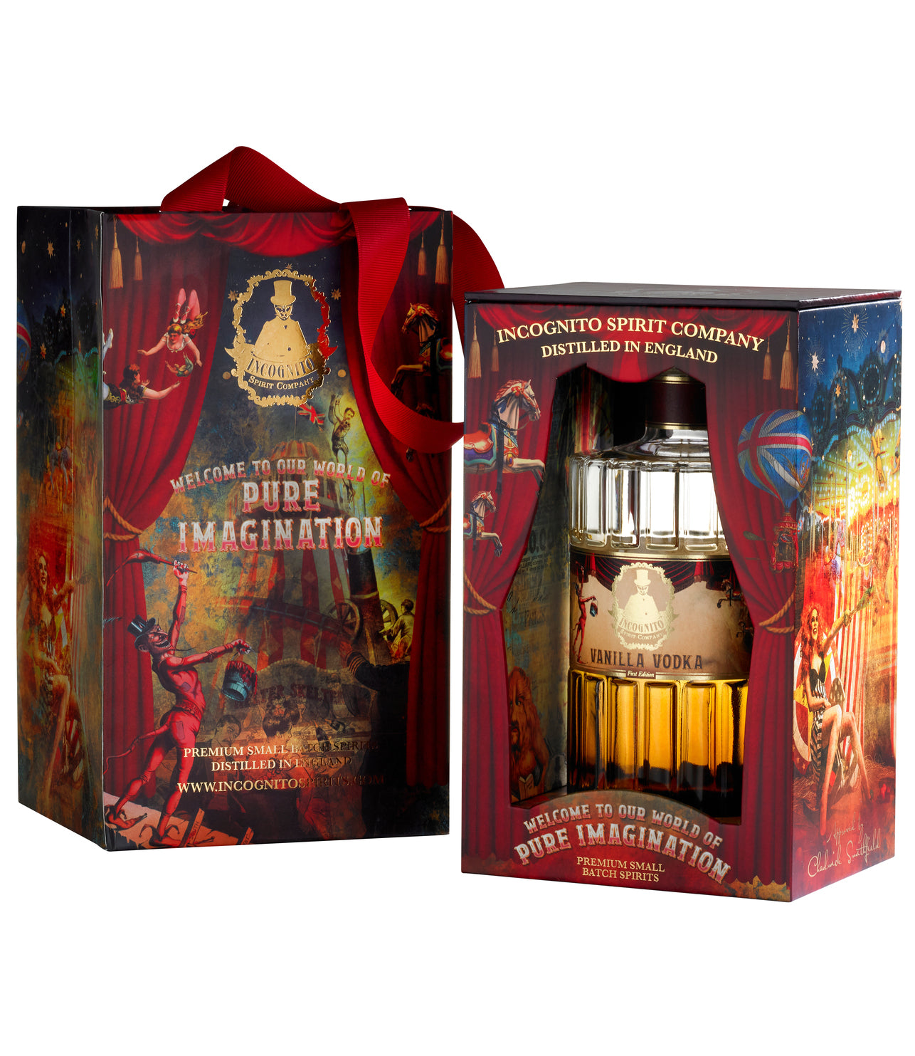 A collector's edition bottle of Incognito Vanilla Vodka with a decorative, colorful box. The bottle is clear, showing the amber-colored vodka inside.