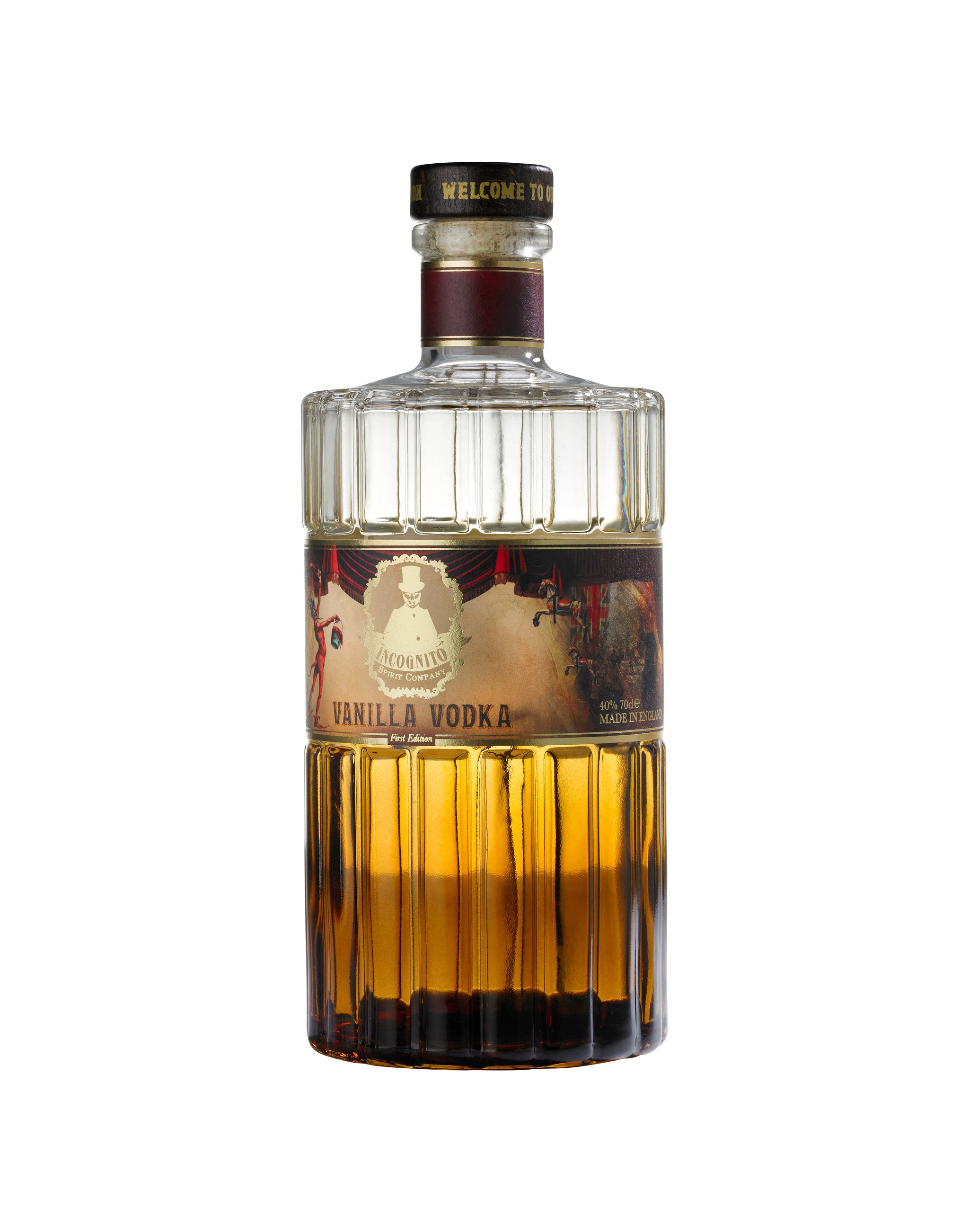 A bottle of Incognito Vanilla Vodka with a clear liquid visible through the transparent bottle. The label shows the brand and possibly the name of the product.