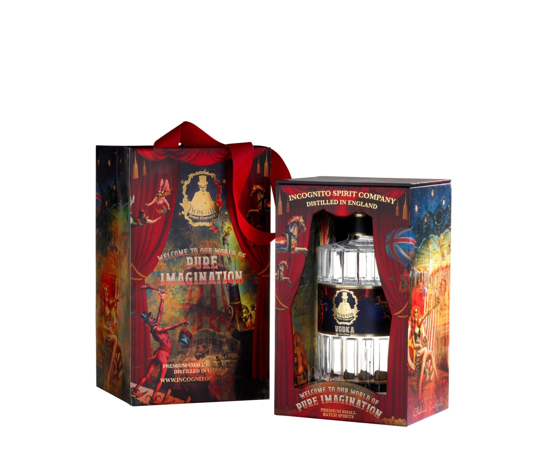 Indigo's Spirit Company 'Pure Imagination' perfume gift set, showing the outer illustrated box with a red ribbon and the inner box containing the glass bottle.