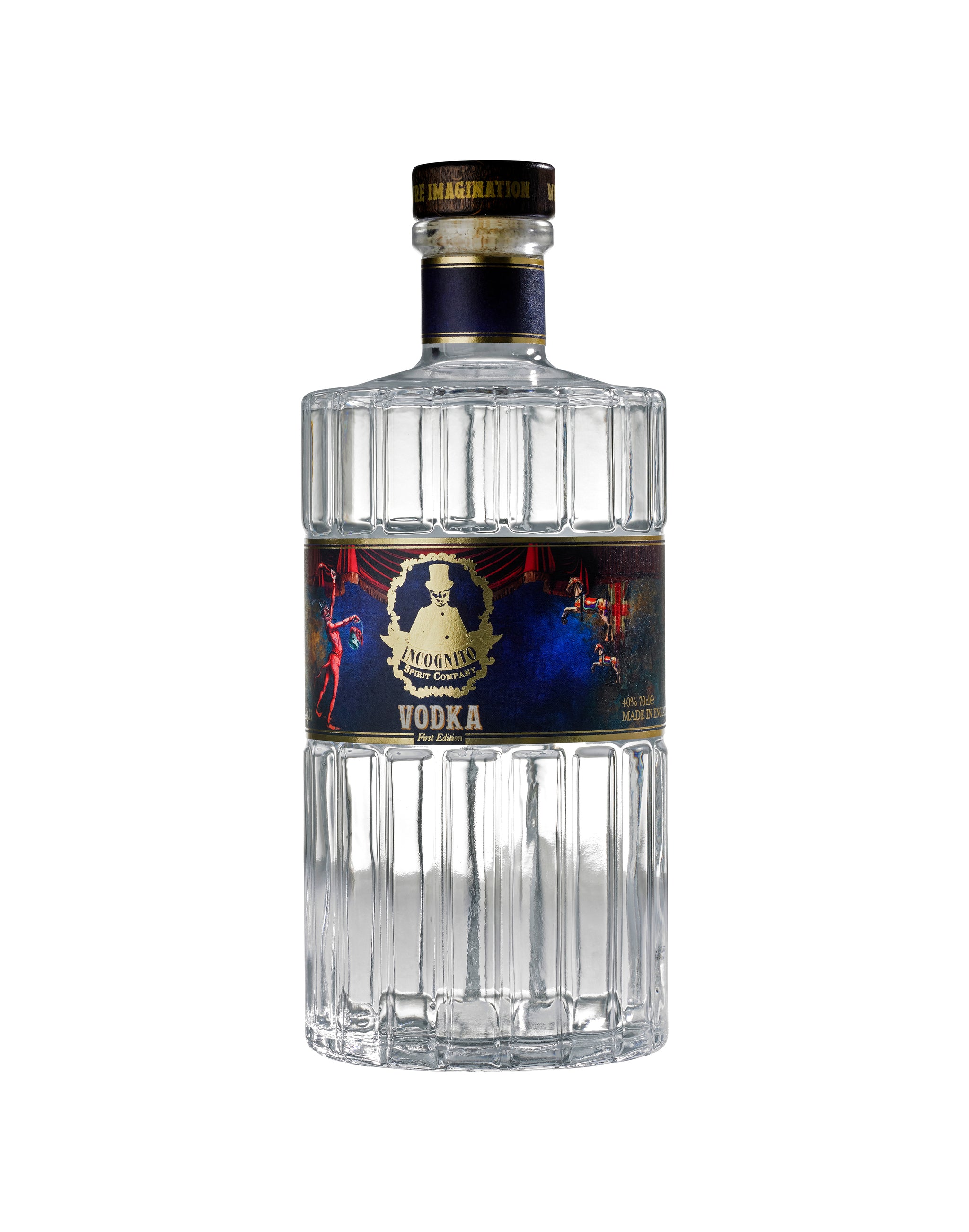 A clear glass bottle of Incognito Vodka with a black label featuring intricate designs and the brand's logo.