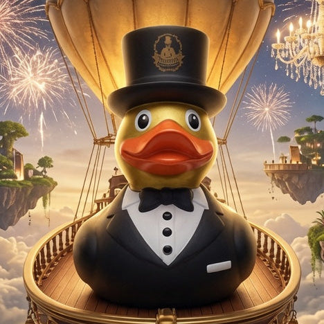 A whimsical fantasy scene showing a duck in a black tuxedo and top hat floating in an ornate hot air balloon basket above clouds, framed by red curtains with fireworks and floating islands in the background.
