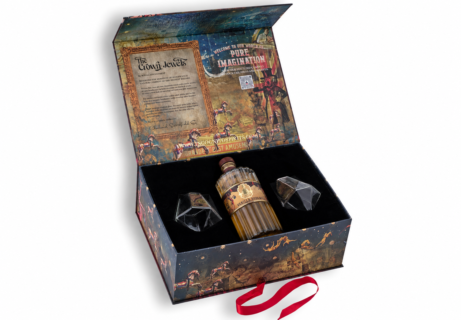 Incognito Spirits Crown Jewels luxury vodka gift set with a bottle of Incognito Vanilla Vodka and two diamond-cut glasses in a premium gift box and gift bag