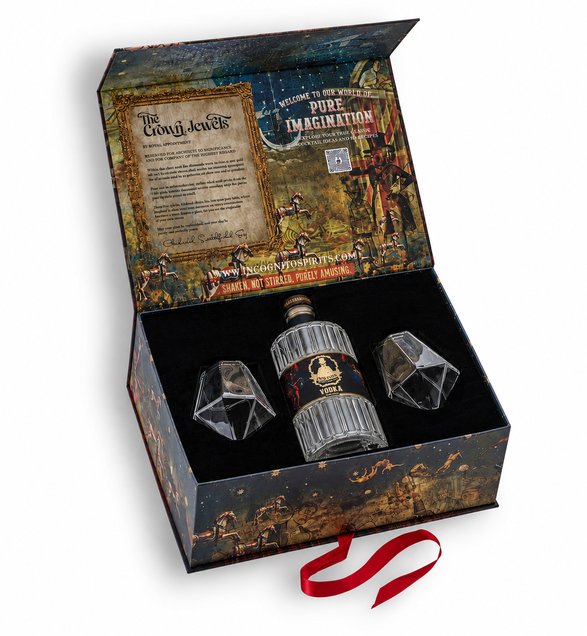 Incognito Spirits Crown Jewels luxury vodka gift set with a bottle of Incognito Vodka and two diamond-cut glasses in a premium gift box and gift bag