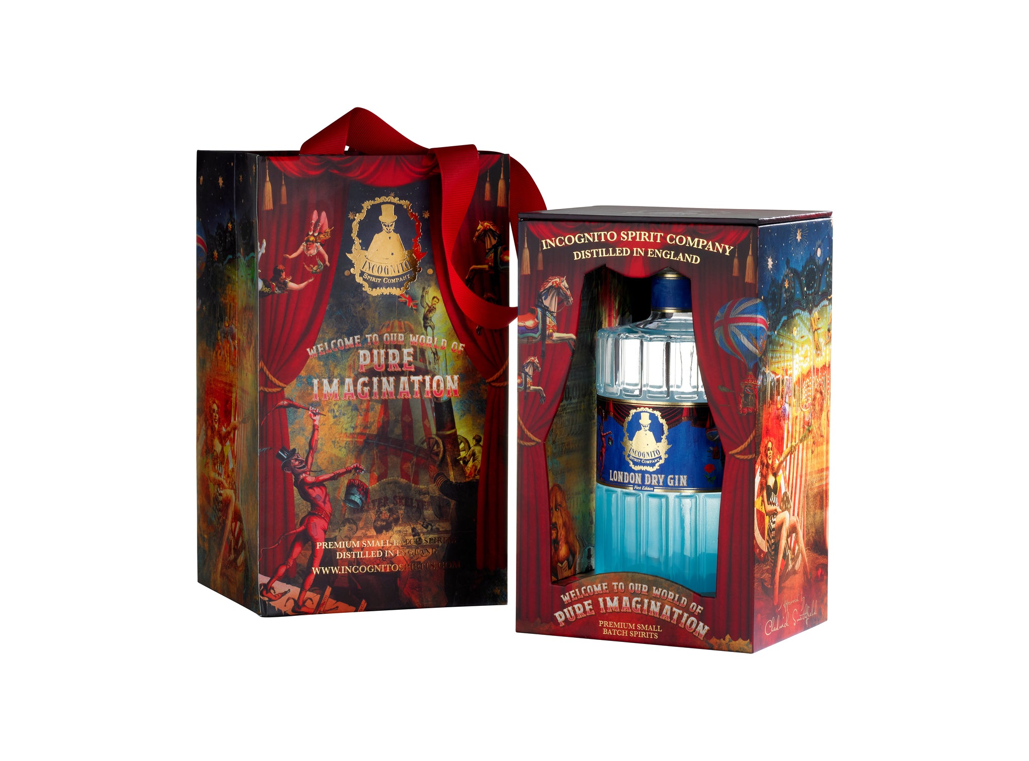 Bibe Imagination cologne gift set by Discontento Spirit Company, featuring a blue glass bottle with a silver cap and a red ribbon, displayed next to its illustrated red and gold gift box on a white background.