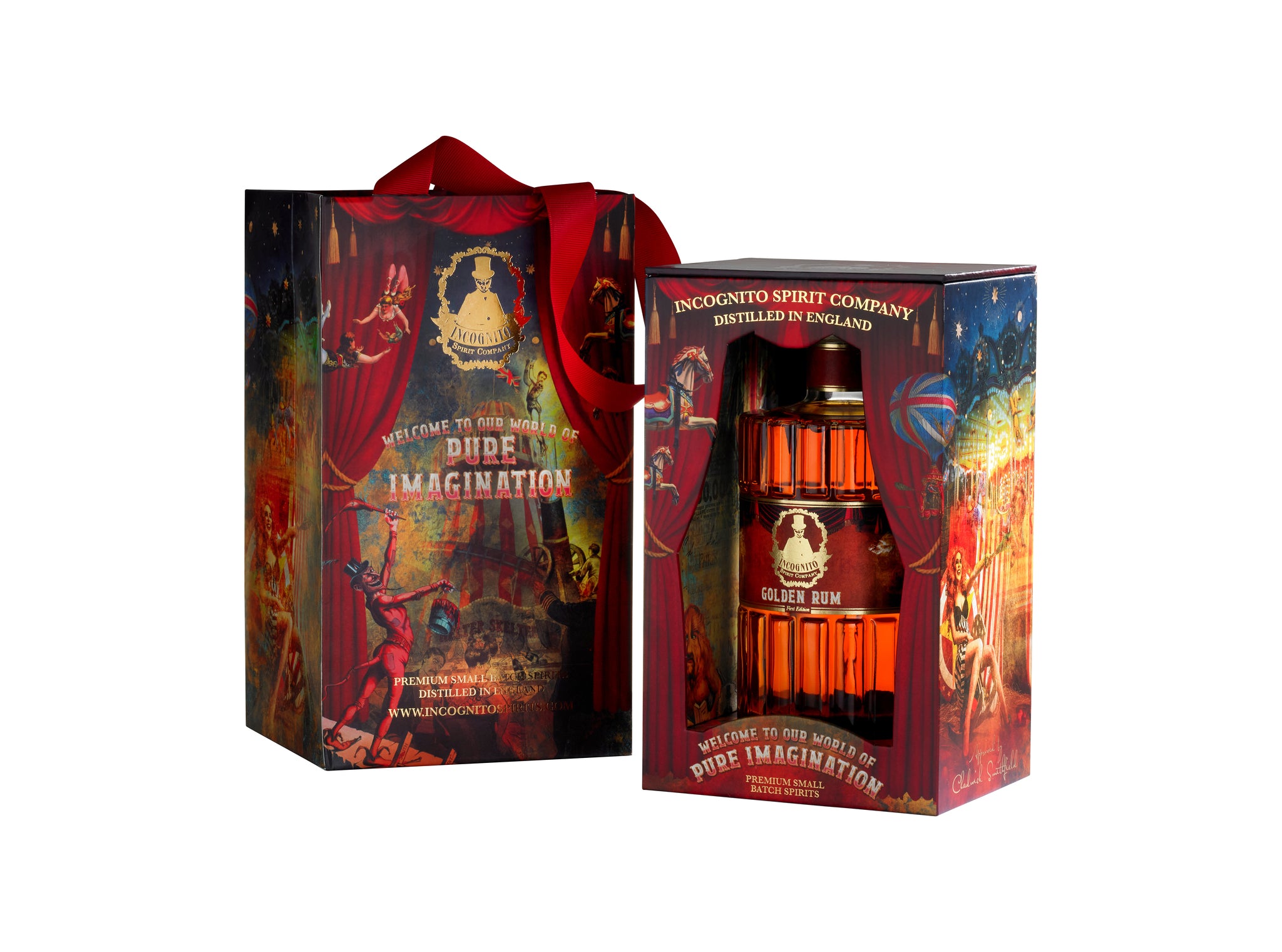A bottle of Obon Obon spirit with its illustrated gift packaging and carrying bag on a white background. The packaging features a red circus-themed design with the text 'Welcome to the show of your life: Bibe Imagination' and 'Obon Obon Distilled in England'.