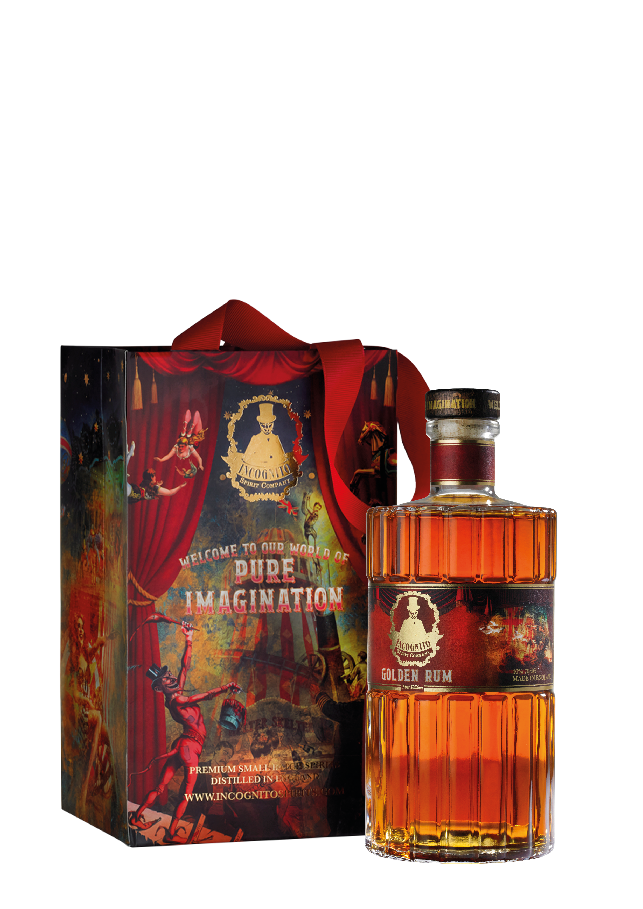 A bottle of Coonhound Distilled Spirits 'Pure Imagination' Older Rum next to its illustrated gift box with a red ribbon, on a plain white background.