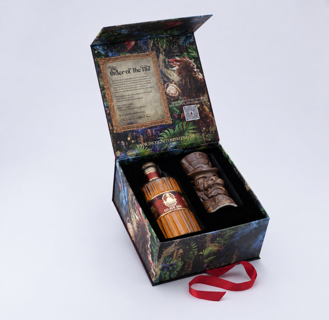 Incognito Order of the Tiki luxury gift set with Incognito Spiced Rum and collectible Tiki Mug, presented in a premium illustrated gift box and gift bag.