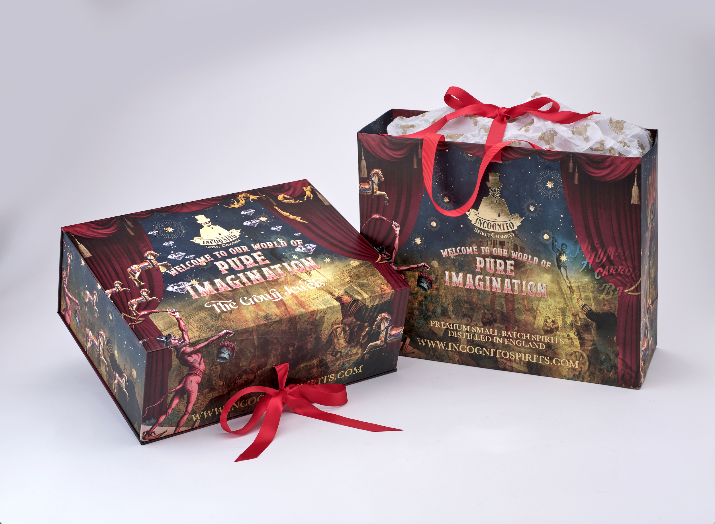 Incognito Spirits Crown Jewels luxury gift set with a bottle of Incognito London Dry Gin and two diamond-cut glasses in a premium gift box and gift bag