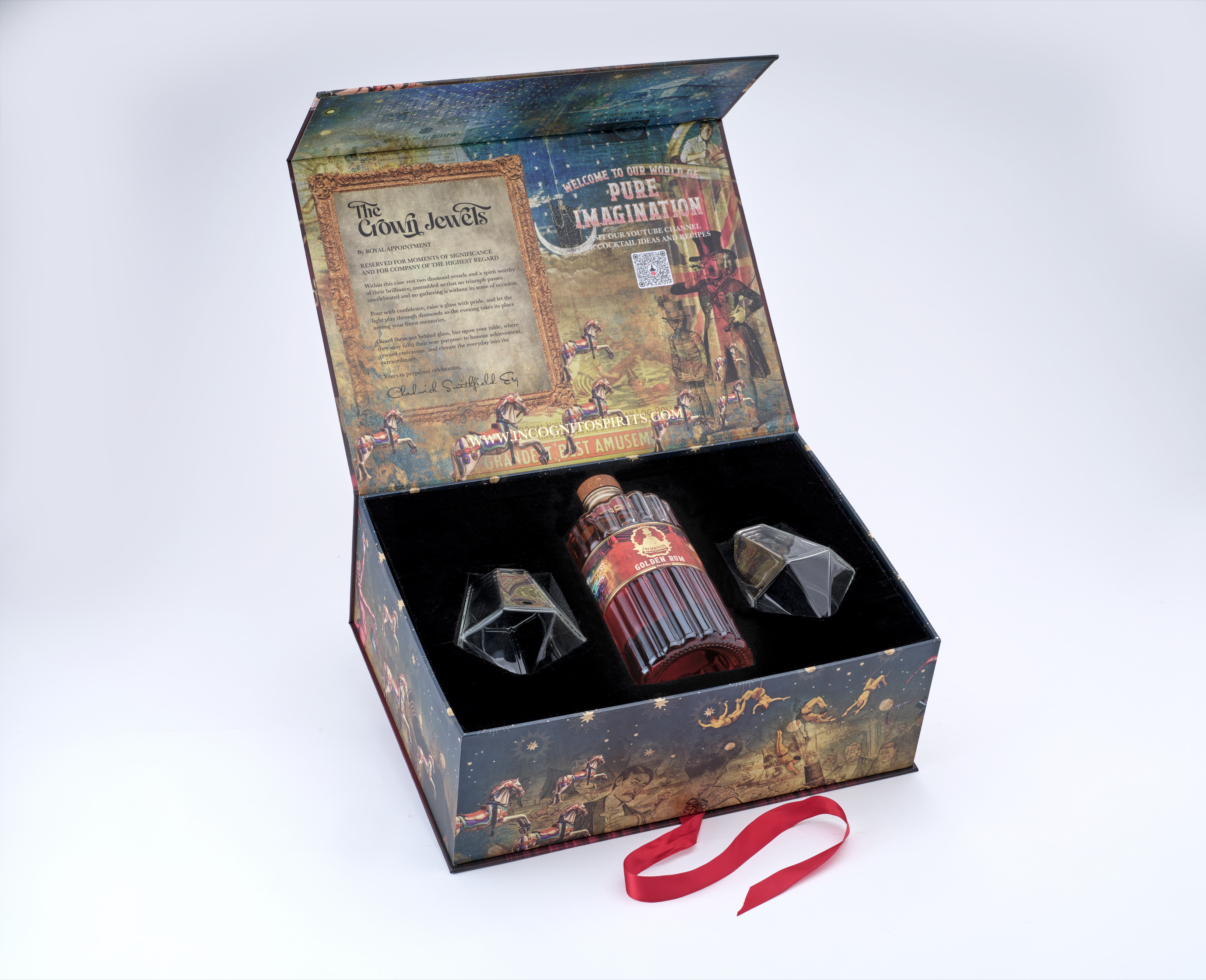 Incognito Spirits Crown Jewels luxury Rum gift set with a bottle of Incognito Golden Rum and two diamond-cut glasses in a premium gift box and gift bag