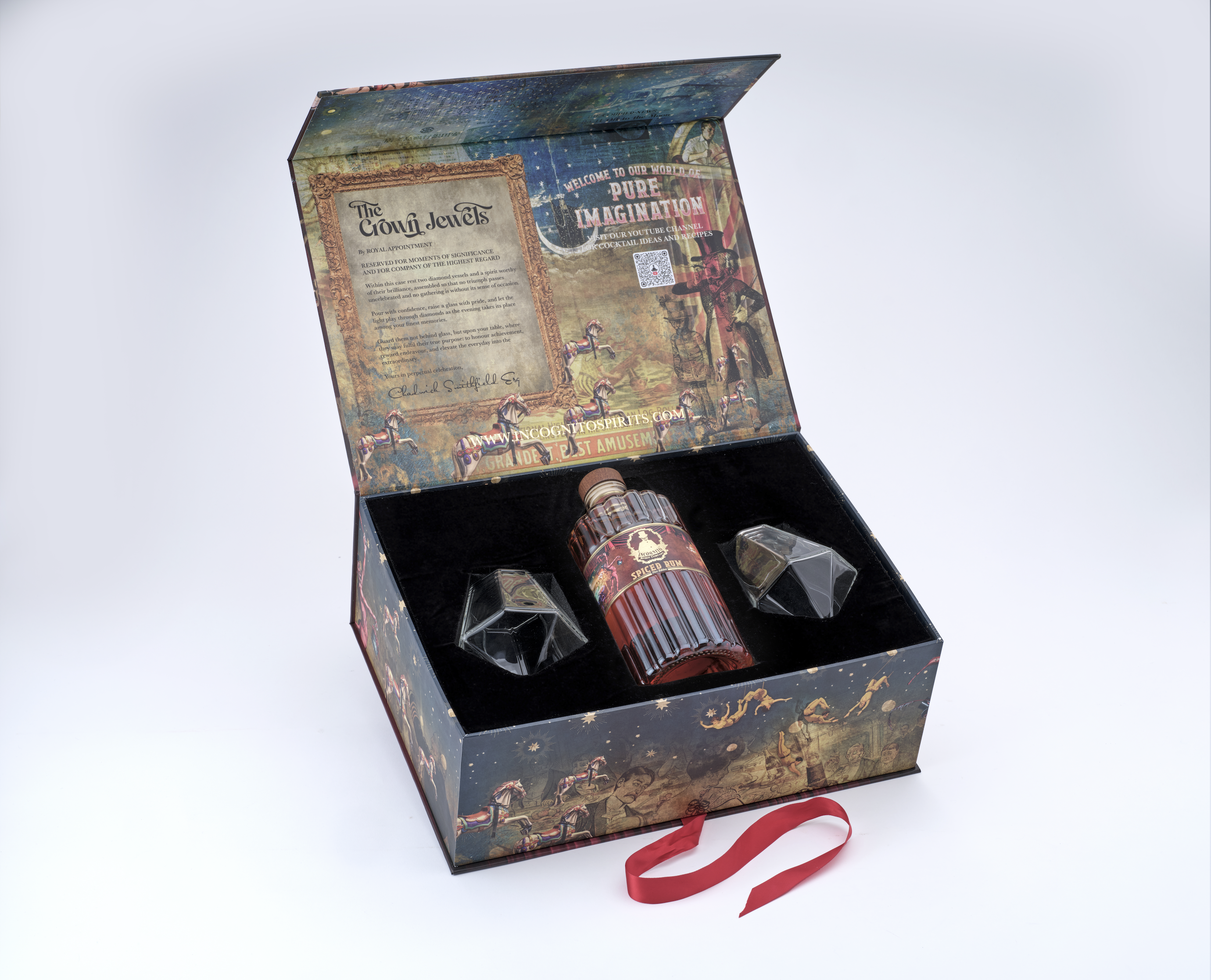 Incognito Spirits Crown Jewels luxury Spiced Rum gift set with a bottle of Incognito Spiced Rum and two diamond-cut glasses in a premium gift box and gift bag