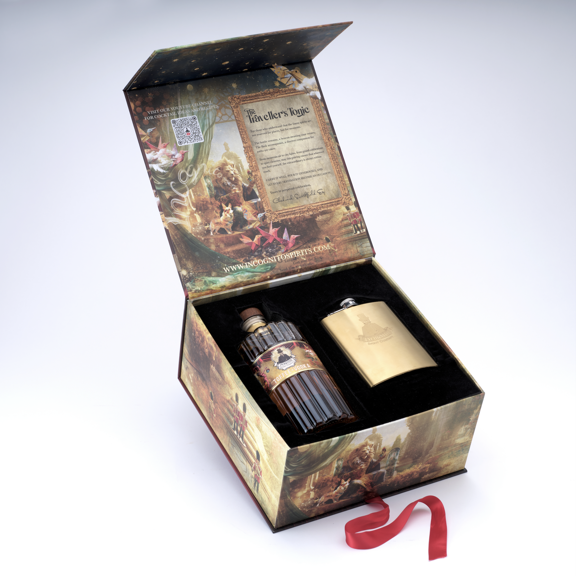 Incognito Traveller’s Tonic luxury Toffee Vodka gift set with bottle of Incognito Toffee Vodka and gold hip flask in a premium presentation box and gift bag.