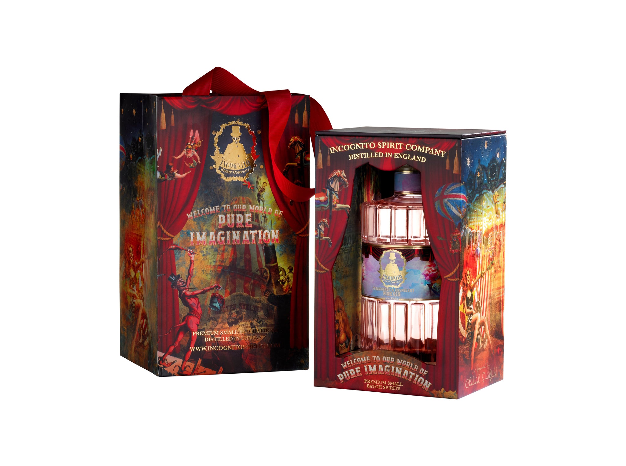 A boxed fragrance gift set from Disquieto Spirit Company featuring a tall illustrated outer box with a red handle and a smaller front-facing box showing a lit cylindrical bottle. The artwork depicts a circus-like scene with red curtains and warm glowing lights.