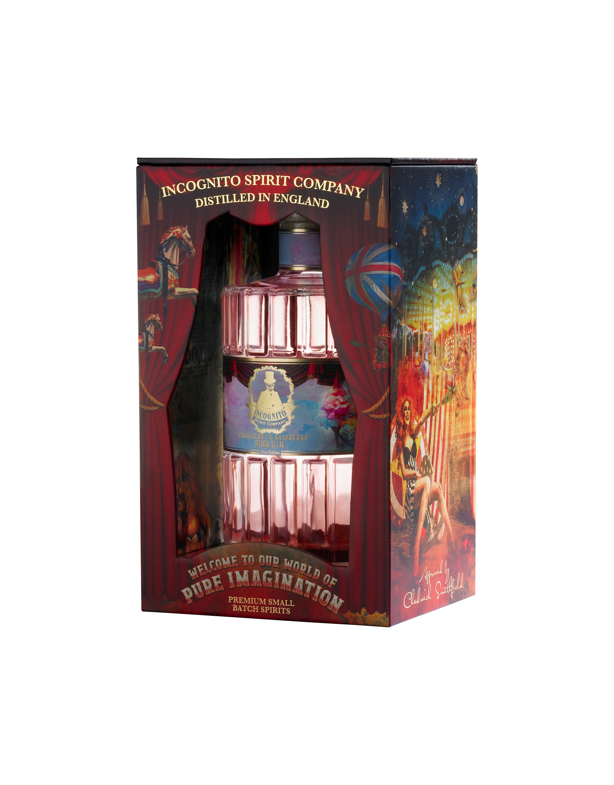 A boxed fragrance product from Incognito Spirit Company called Pure Imagination, shown in its retail packaging with illustrated artwork and a visible bottle through a front window.