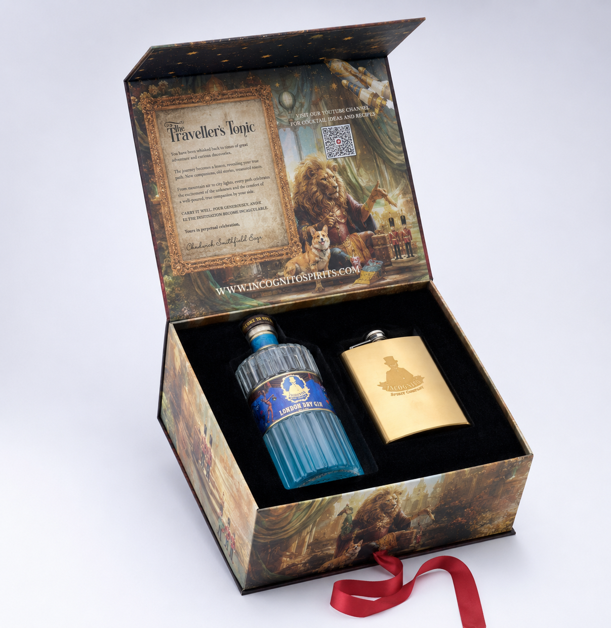 Incognito Traveller’s Tonic luxury London Dry Gin gift set with bottle of London Dry Gin and gold hip flask in a premium presentation box and gift bag.
