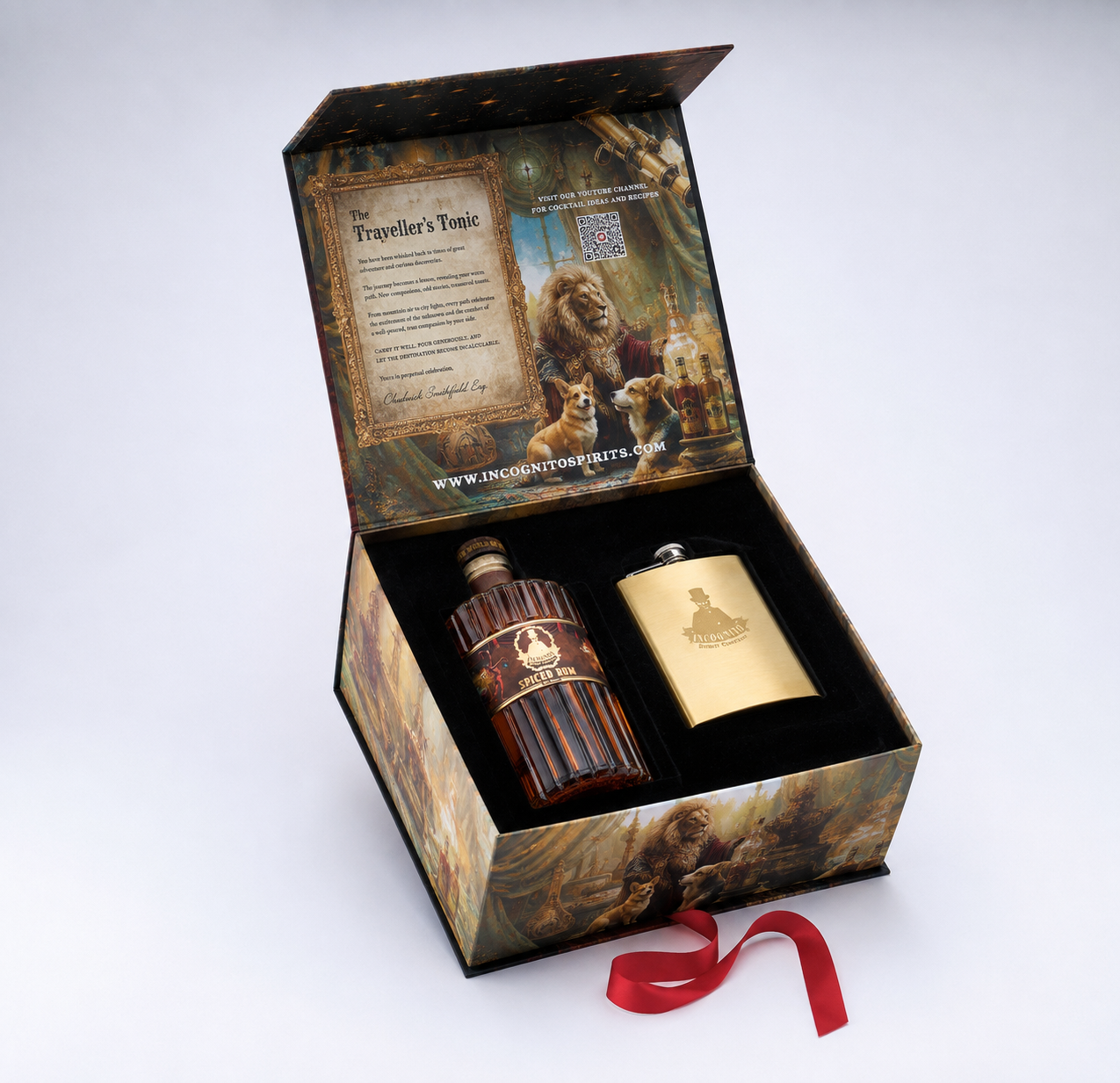 Incognito Traveller’s Tonic luxury Spiced Rum gift set with bottle of Incognito Spiced Rum and gold hip flask in a premium presentation box and gift bag.
