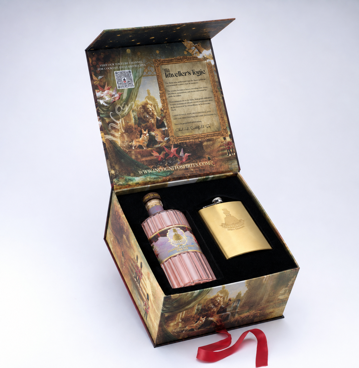 Incognito Traveller’s Tonic luxury Incognito Strawberry & Raspberry Gin gift set with bottle of Incognito Strawberry & Raspberry Gin and gold hip flask in a premium presentation box and gift bag.