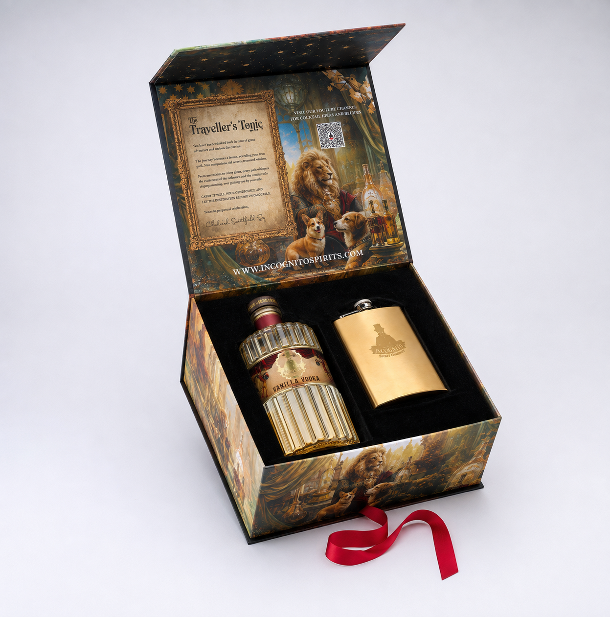 Incognito Traveller’s Tonic luxury Vanilla Vodka gift set with bottle of Incognito Vanilla Vodka and gold hip flask in a premium presentation box and gift bag.