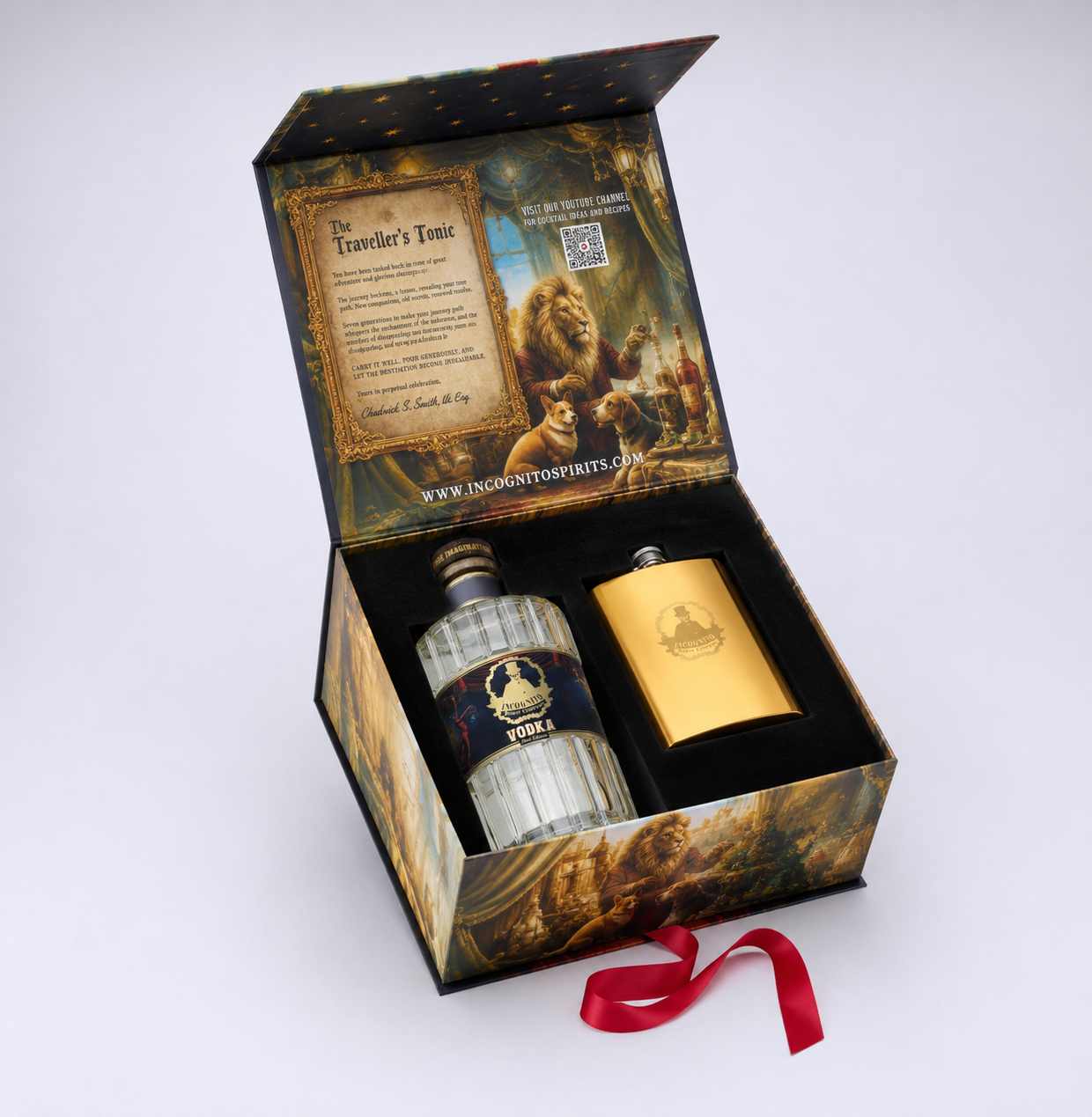 Incognito Traveller’s Tonic luxury Vodka gift set with bottle of Incognito Vodka and gold hip flask in a premium presentation box and gift bag.