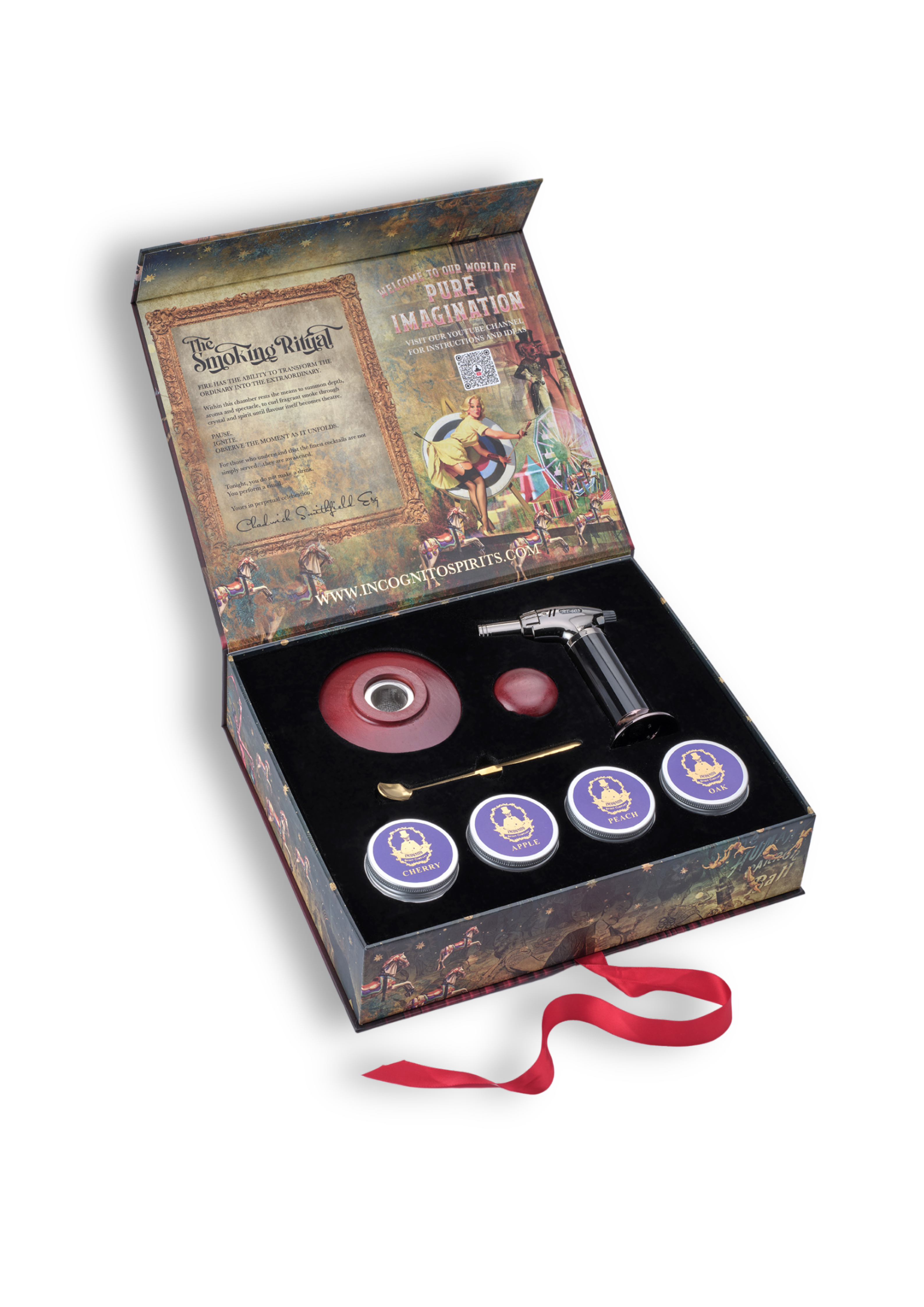 An open decorative presentation box containing a set of magickal tools and accessories, including a silver wand-like object, a red circular component, small round containers with purple lids, and a red ribbon, all on a white background.