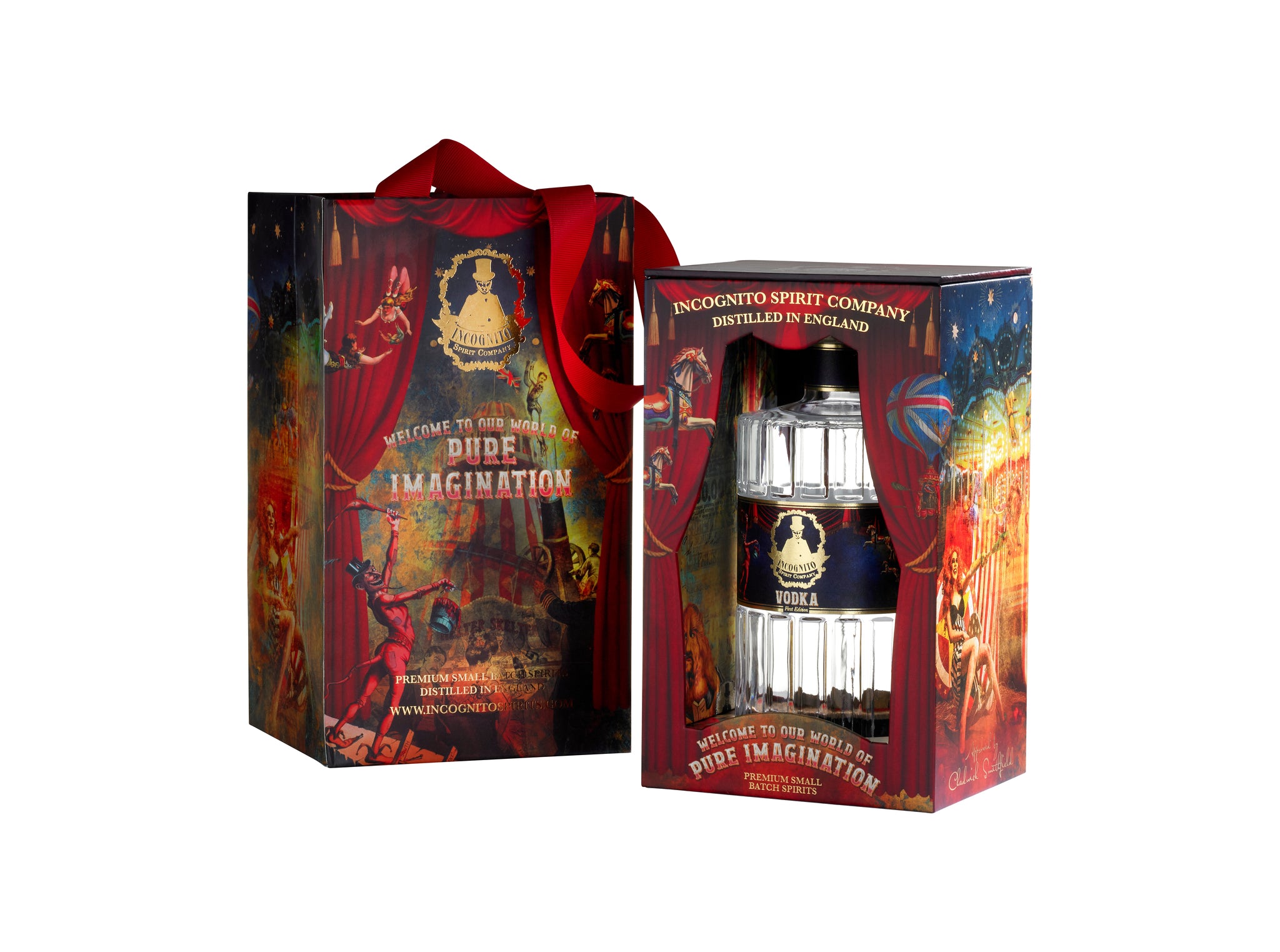 A boxed bottle of Bude Imagination spirit compact shown with its illustrated gift box and red ribbon on a plain white background.