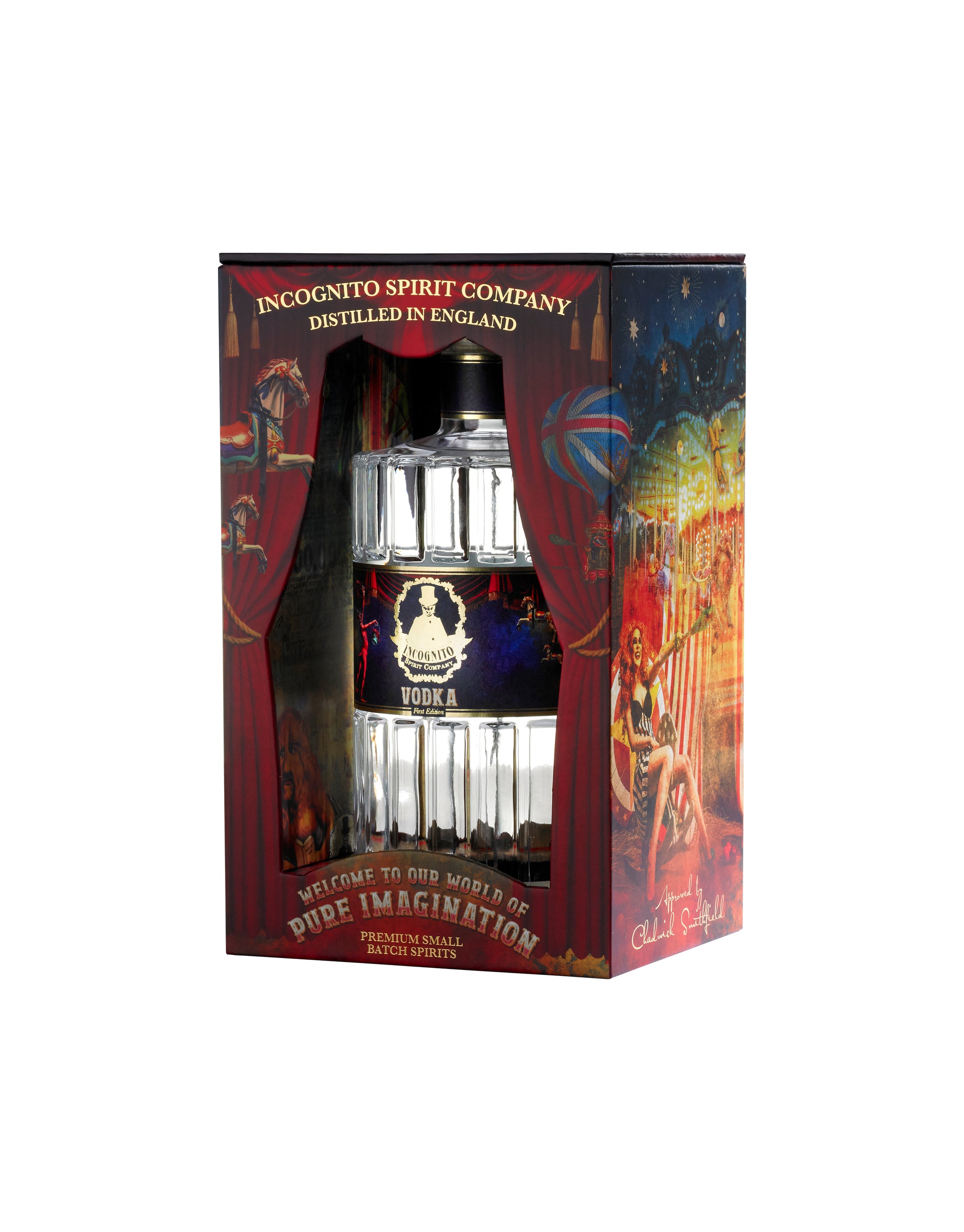 A bottle of Incognito Spirit Company 'Dope Imagination' vodka displayed inside its illustrated retail box. The packaging features dark red curtains and fantasy artwork with a Union Jack flag, set against a plain white background.